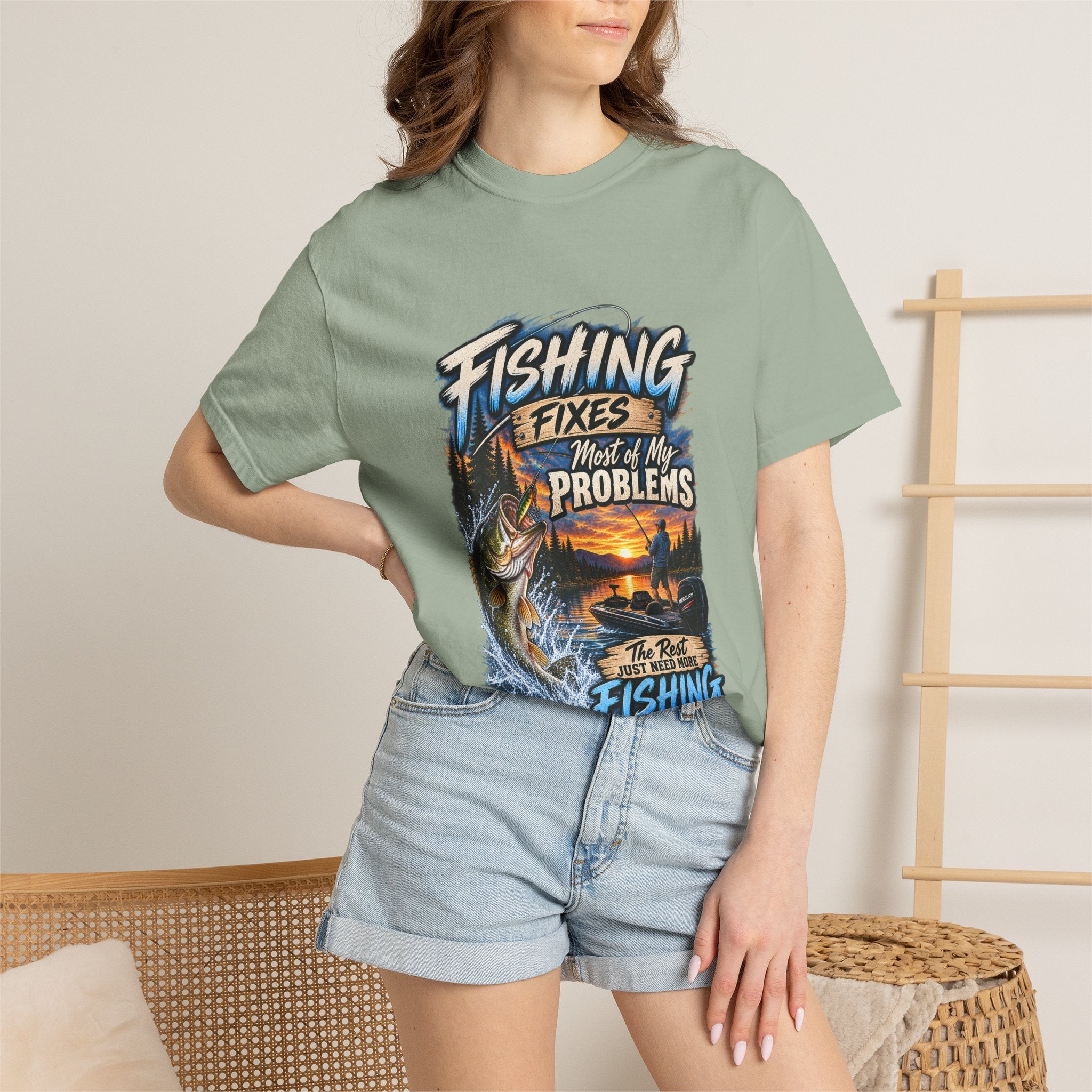 Fishing Fixes Most of My Problems T-Shirt — Bass Sunset Fishing Tee