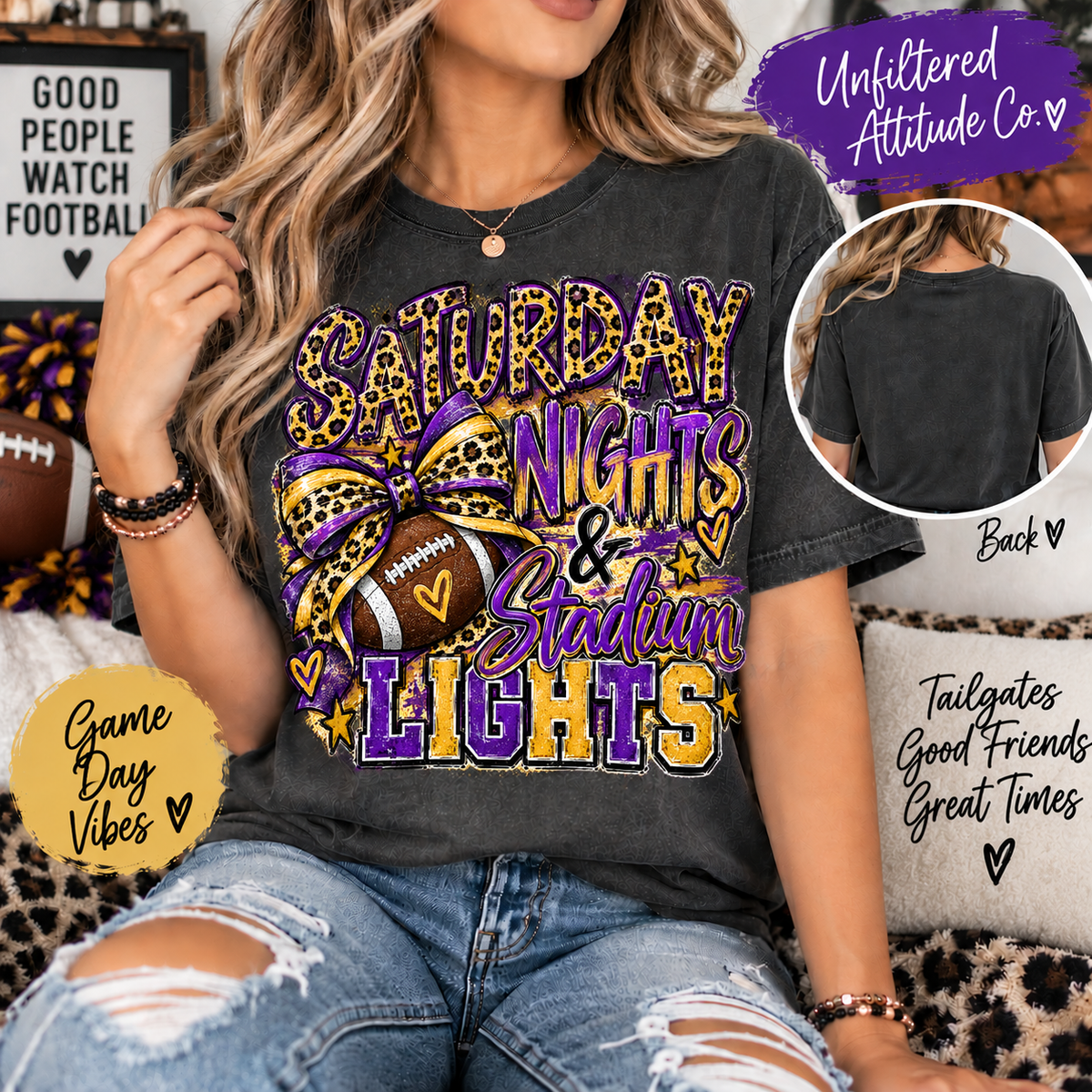 Saturday Nights & Stadium Lights – Purple & Gold Game Day Graphic Tee