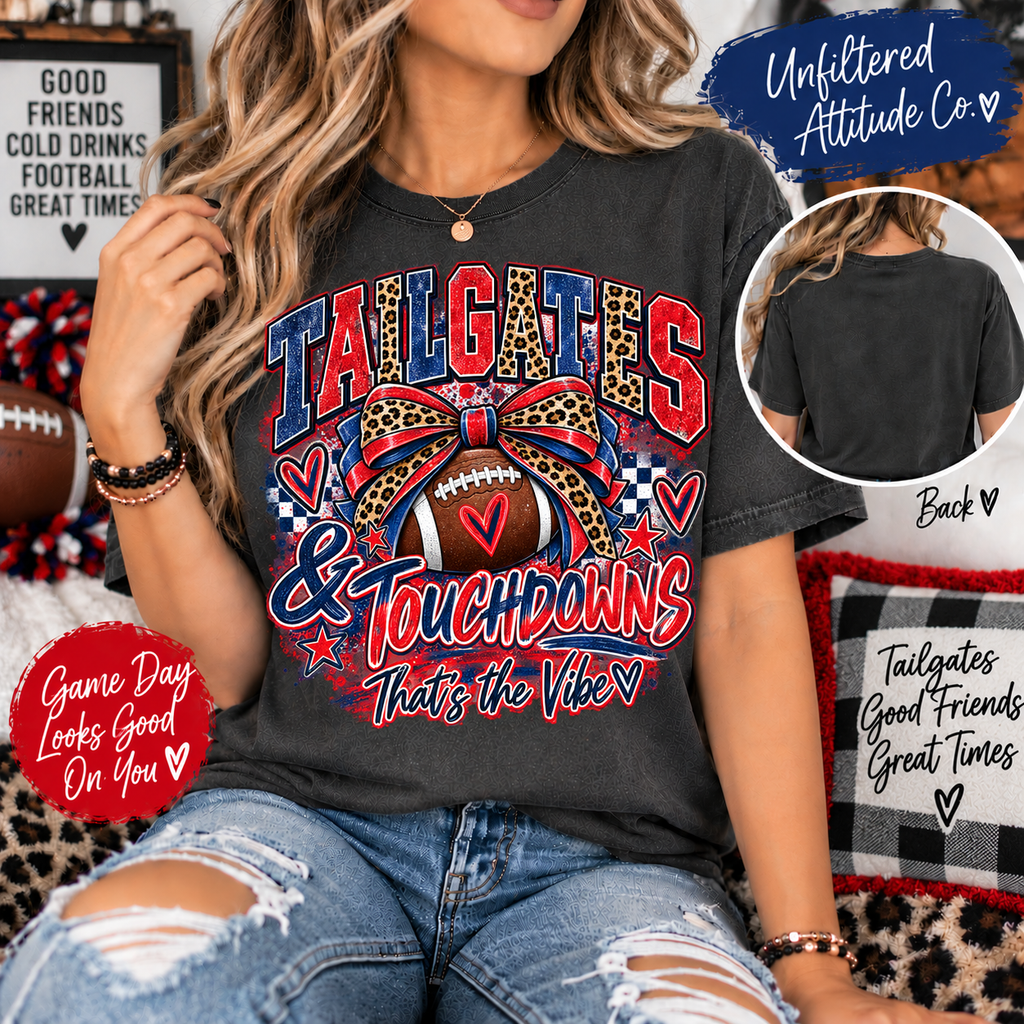 Tailgates & Touchdowns – Red & Navy Football Graphic Tee