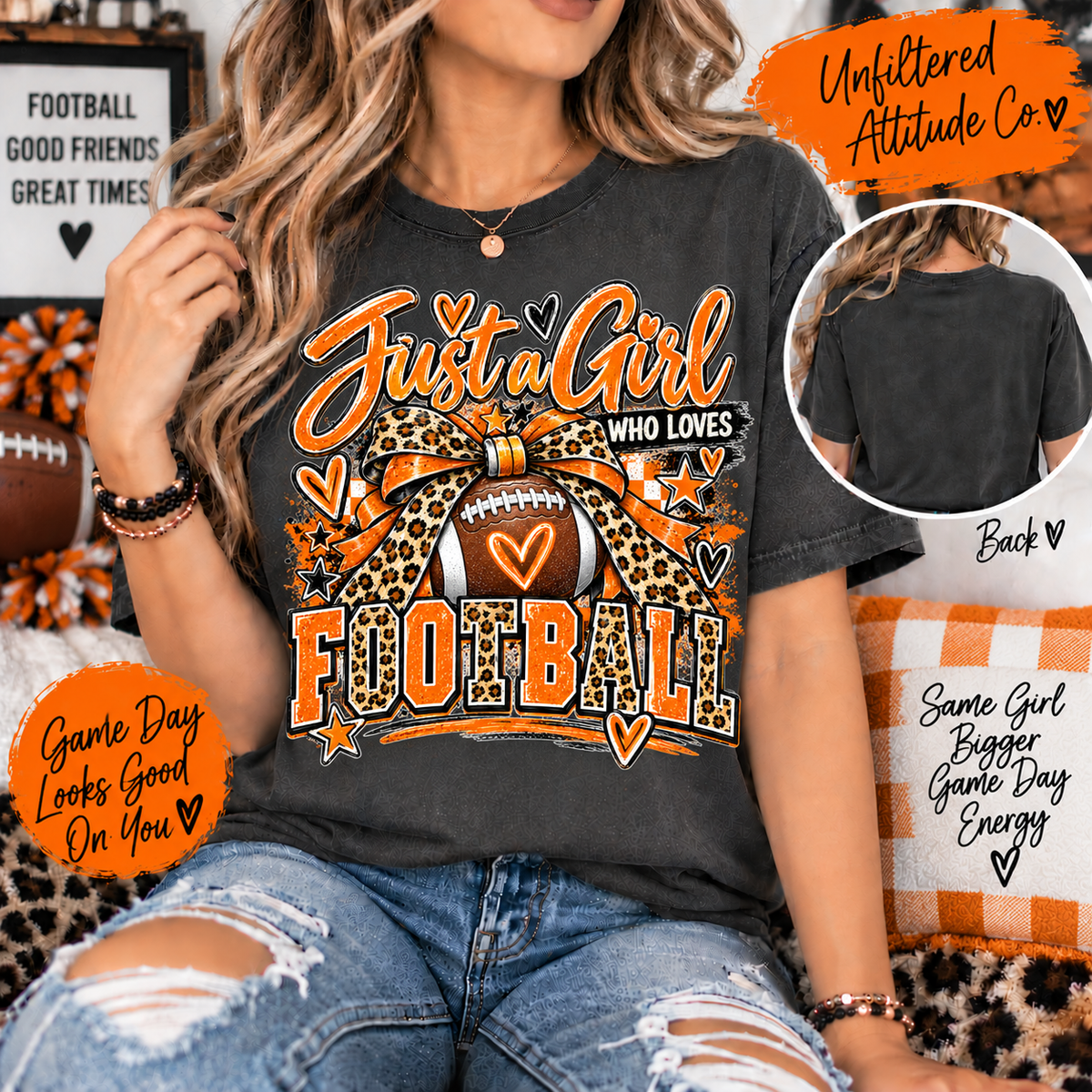 Just a Girl Who Loves Football – Orange & White Game Day Graphic Tee