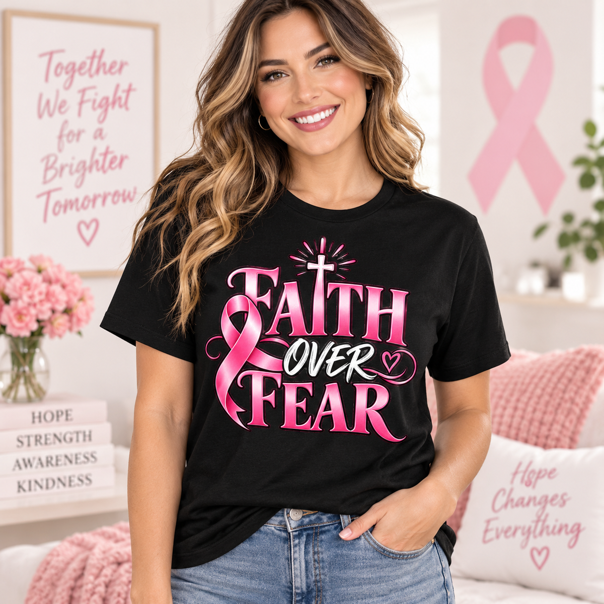 Faith Over Fear Breast Cancer Awareness Shirt – Pink Ribbon Graphic Tee