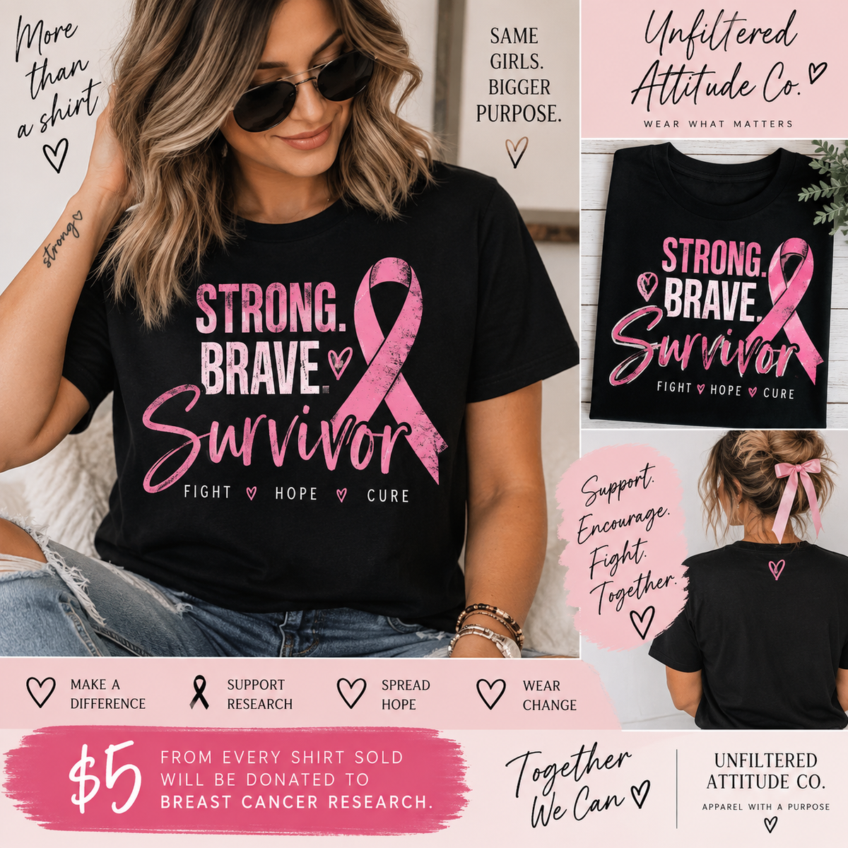Strong Brave Survivor Breast Cancer Awareness Shirt – Pink Ribbon Heart Back Detail Tee