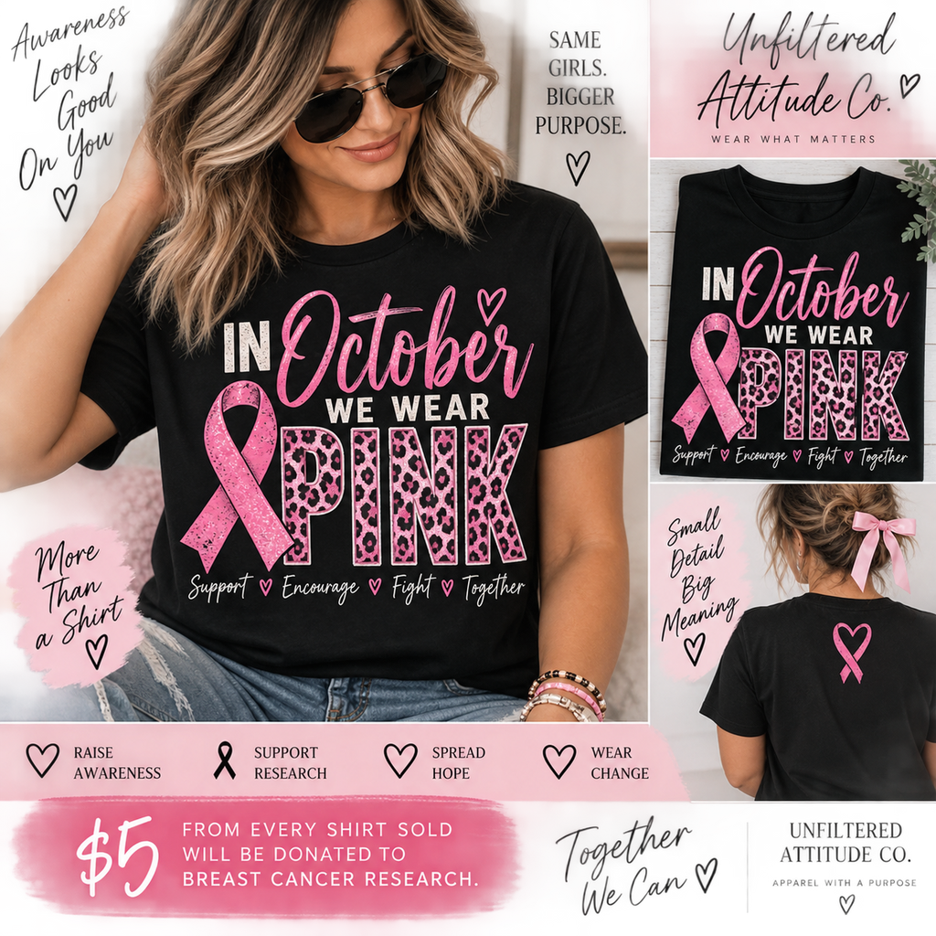 In October We Wear Pink Breast Cancer Awareness Shirt – Pink Ribbon Leopard Graphic Tee