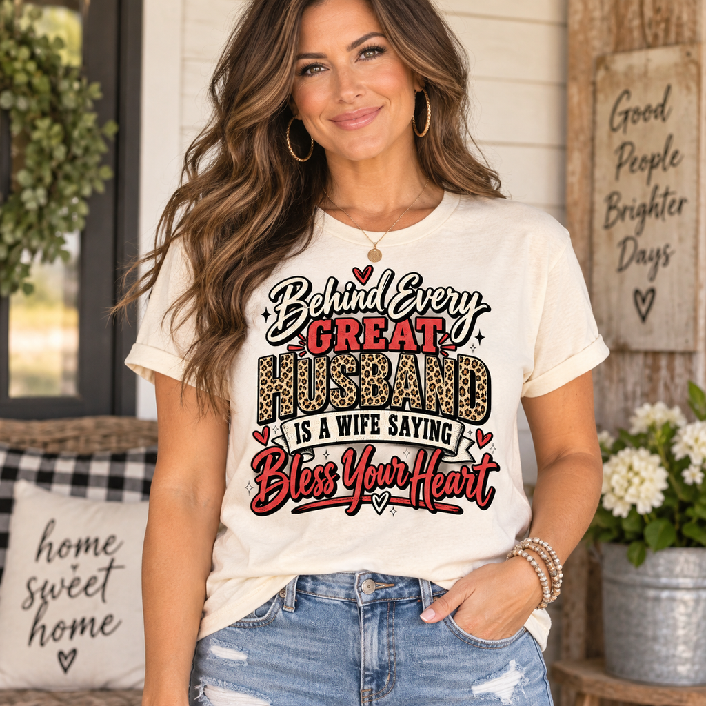 Behind Every Great Husband Is a Wife Saying Bless Your Heart — Funny Wife Graphic Tee