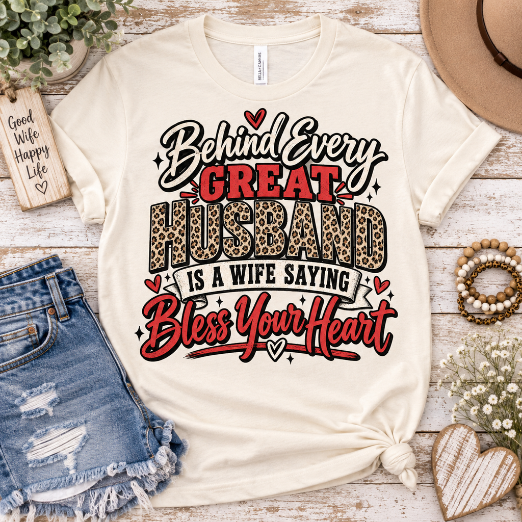Behind Every Great Husband Is a Wife Saying Bless Your Heart — Funny Wife Graphic Tee