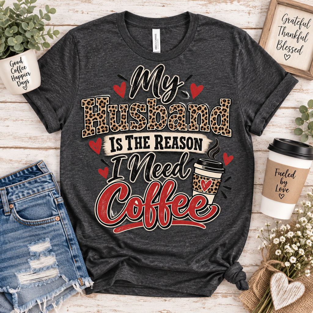 My Husband Is The Reason I Need Coffee — Funny Wife Graphic Tee