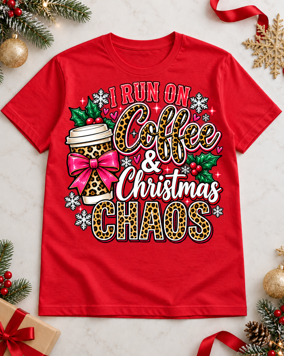 I Run on Coffee & Christmas Chaos Funny Holiday Graphic Tee