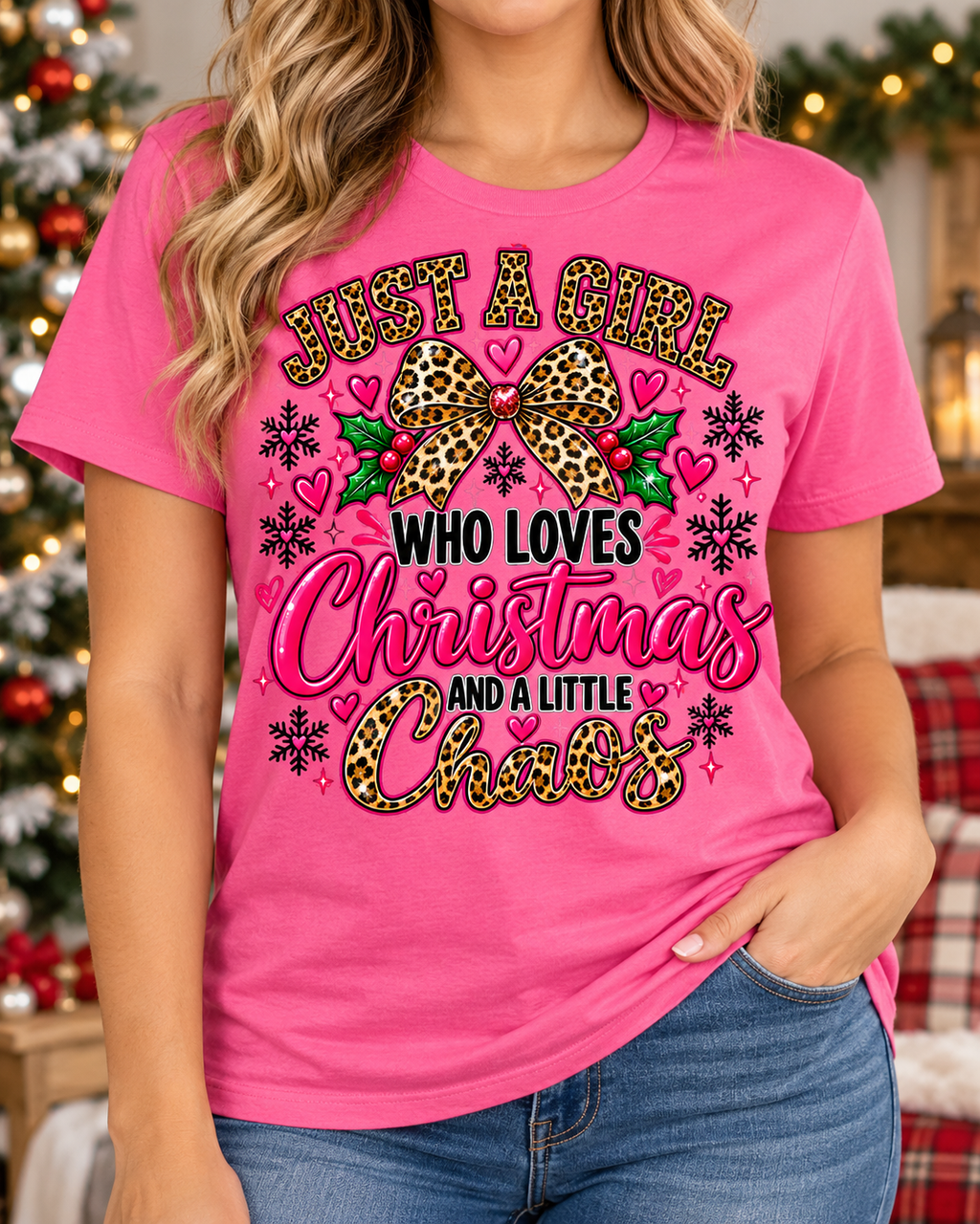 Just a Girl Who Loves Christmas and a Little Chaos Funny Holiday Graphic Tee