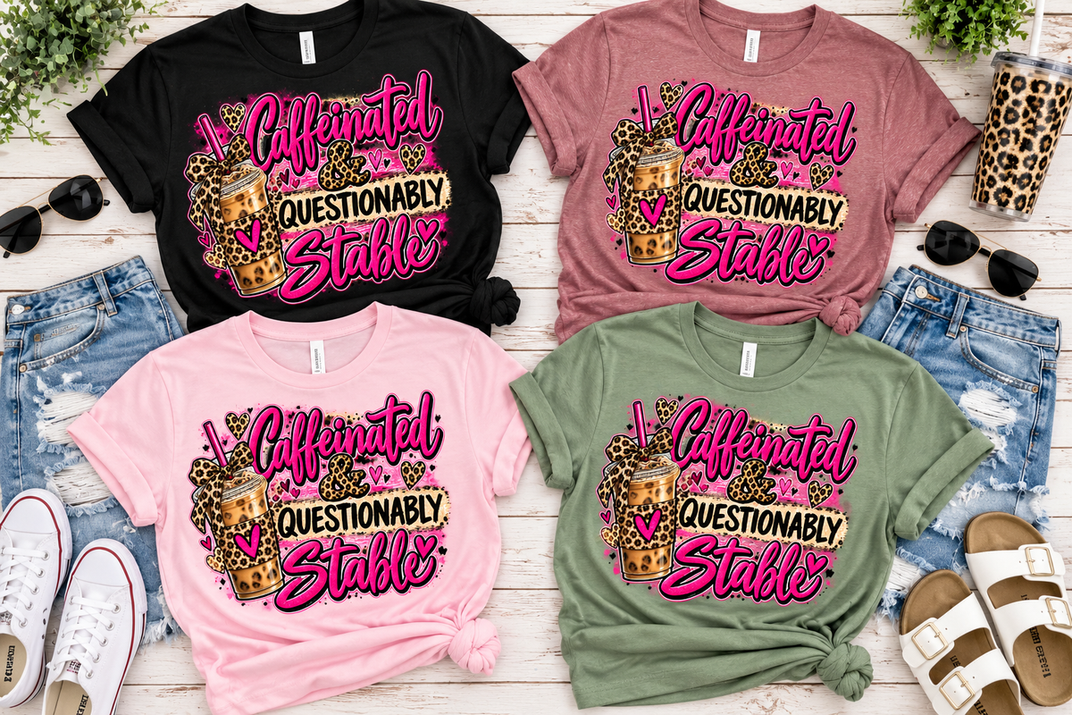 Caffeinated & Questionably Stable – Women's Funny Coffee Graphic Tee