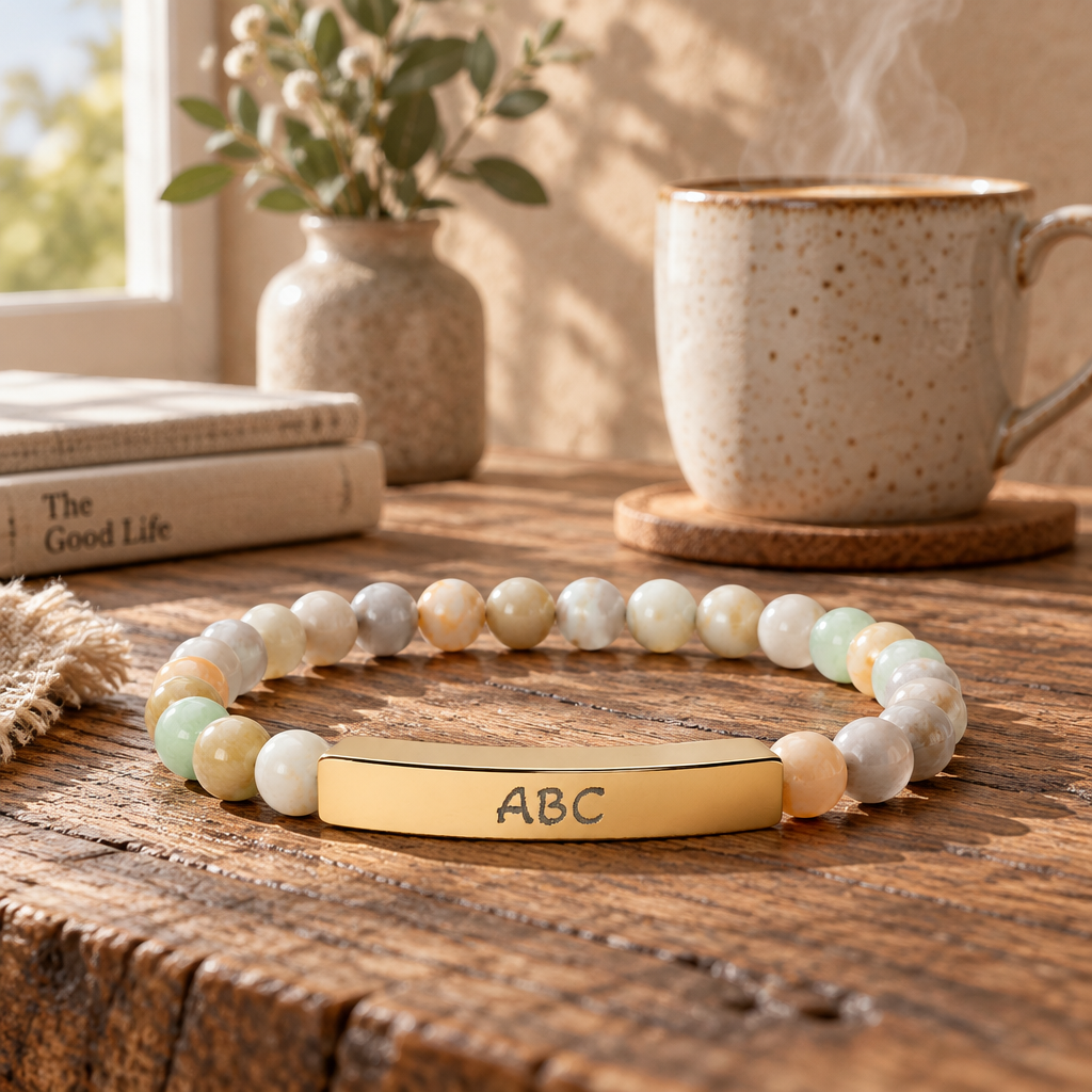 Personalized Natural Stone Beaded Bracelet with Engraved Bar
