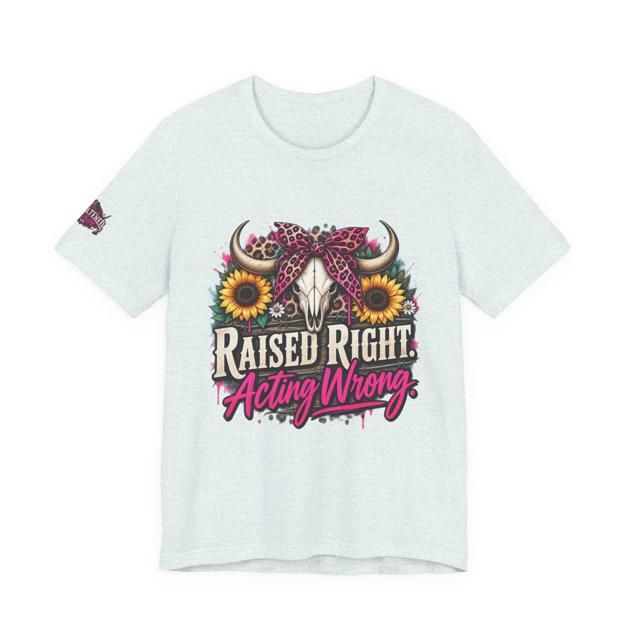Raised Right Acting Wrong Tee — Cow Skull, Sunflower & Leopard Bandana Graphic Shirt