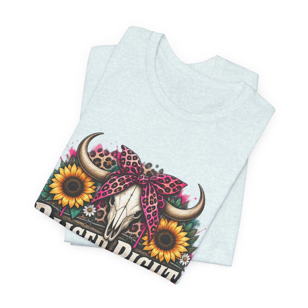 Raised Right Acting Wrong Tee — Cow Skull, Sunflower & Leopard Bandana Graphic Shirt