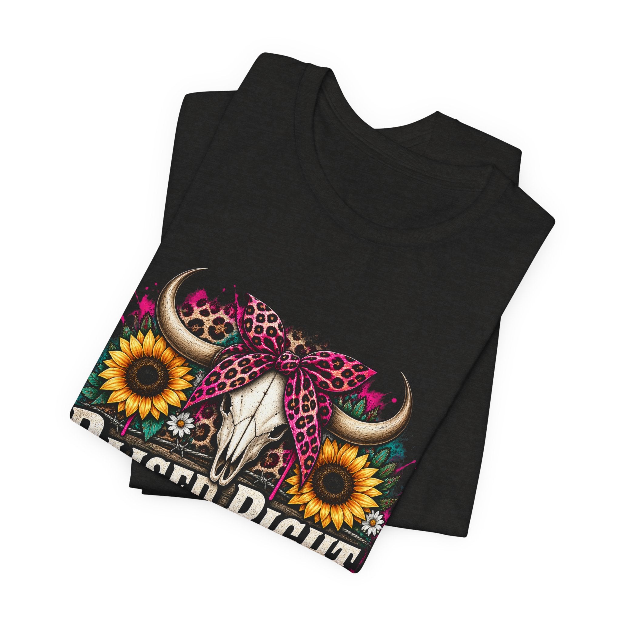 Raised Right Acting Wrong Tee — Cow Skull, Sunflower & Leopard Bandana Graphic Shirt