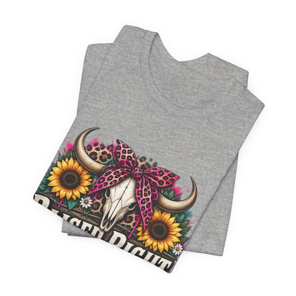 Raised Right Acting Wrong Tee — Cow Skull, Sunflower & Leopard Bandana Graphic Shirt
