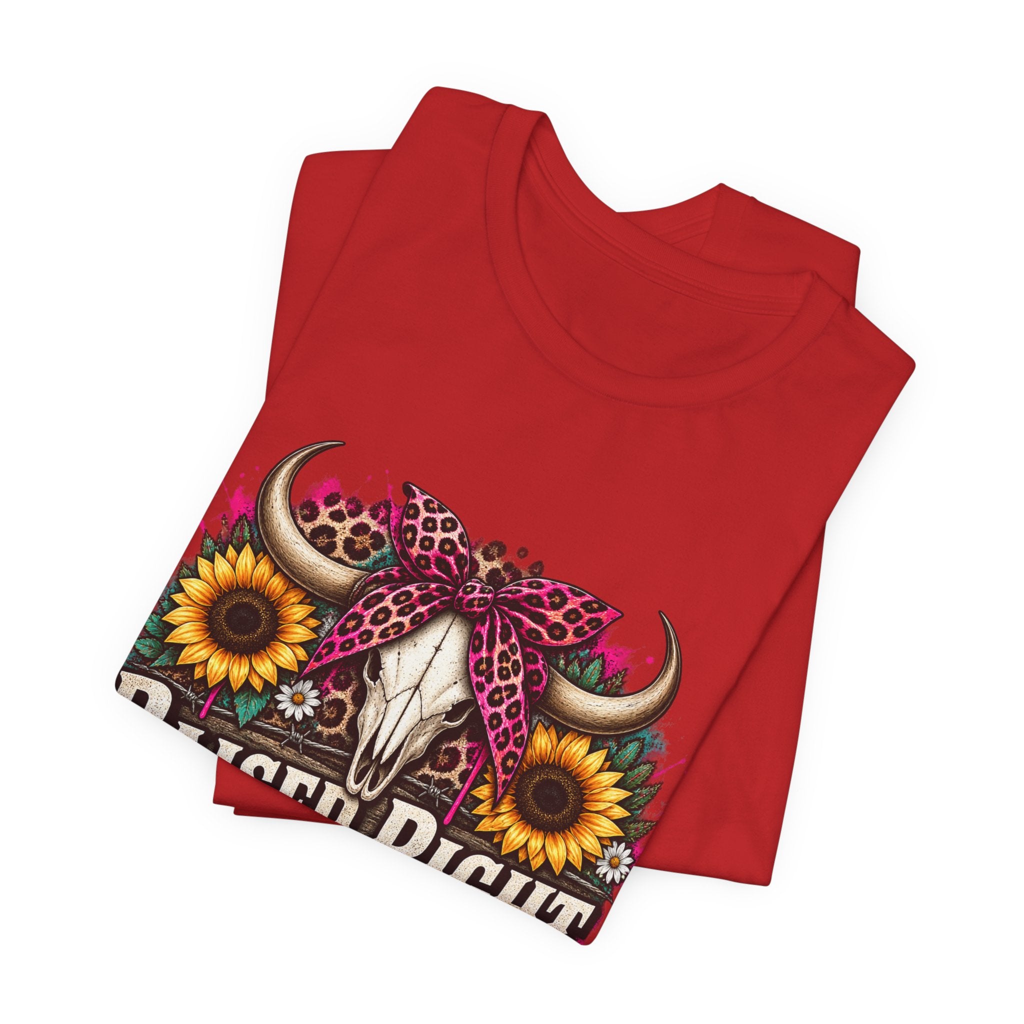 Raised Right Acting Wrong Tee — Cow Skull, Sunflower & Leopard Bandana Graphic Shirt