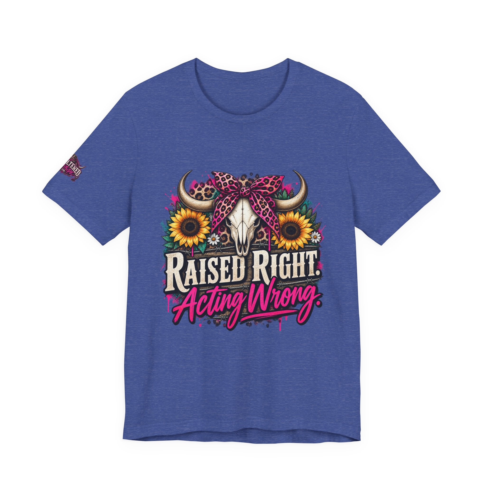 Raised Right Acting Wrong Tee — Cow Skull, Sunflower & Leopard Bandana Graphic Shirt