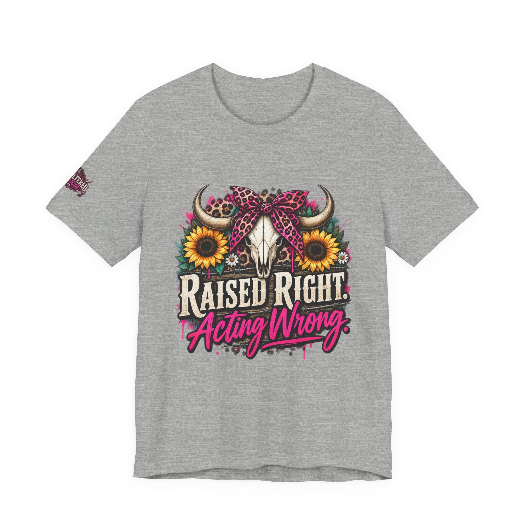 Raised Right Acting Wrong Tee — Cow Skull, Sunflower & Leopard Bandana Graphic Shirt