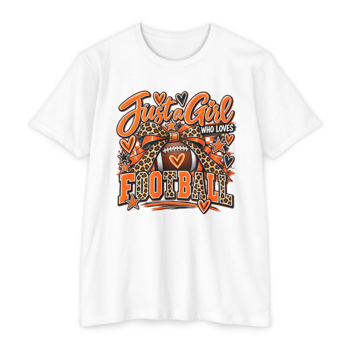 Just a Girl Who Loves Football – Orange & White Game Day Graphic Tee