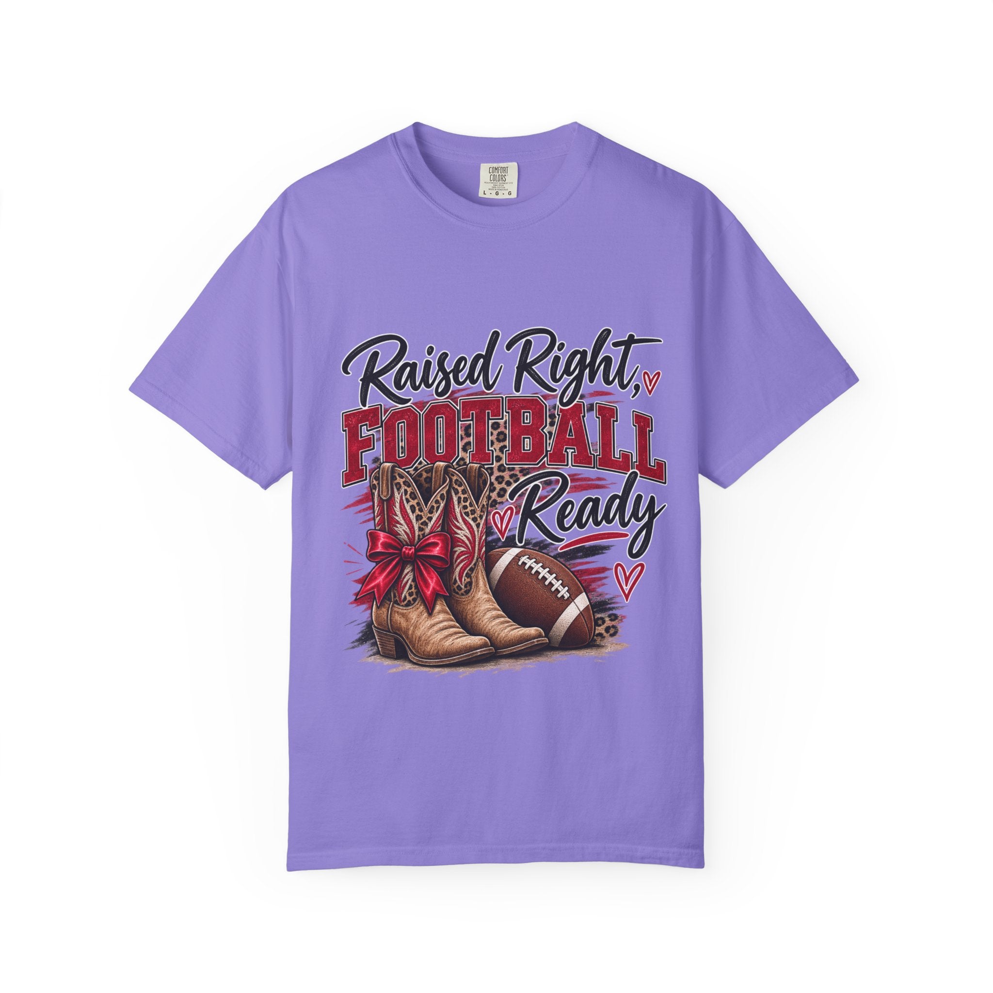 Raised Right Football Ready T‑Shirt — Cowboy Boots & Football Mom Tee