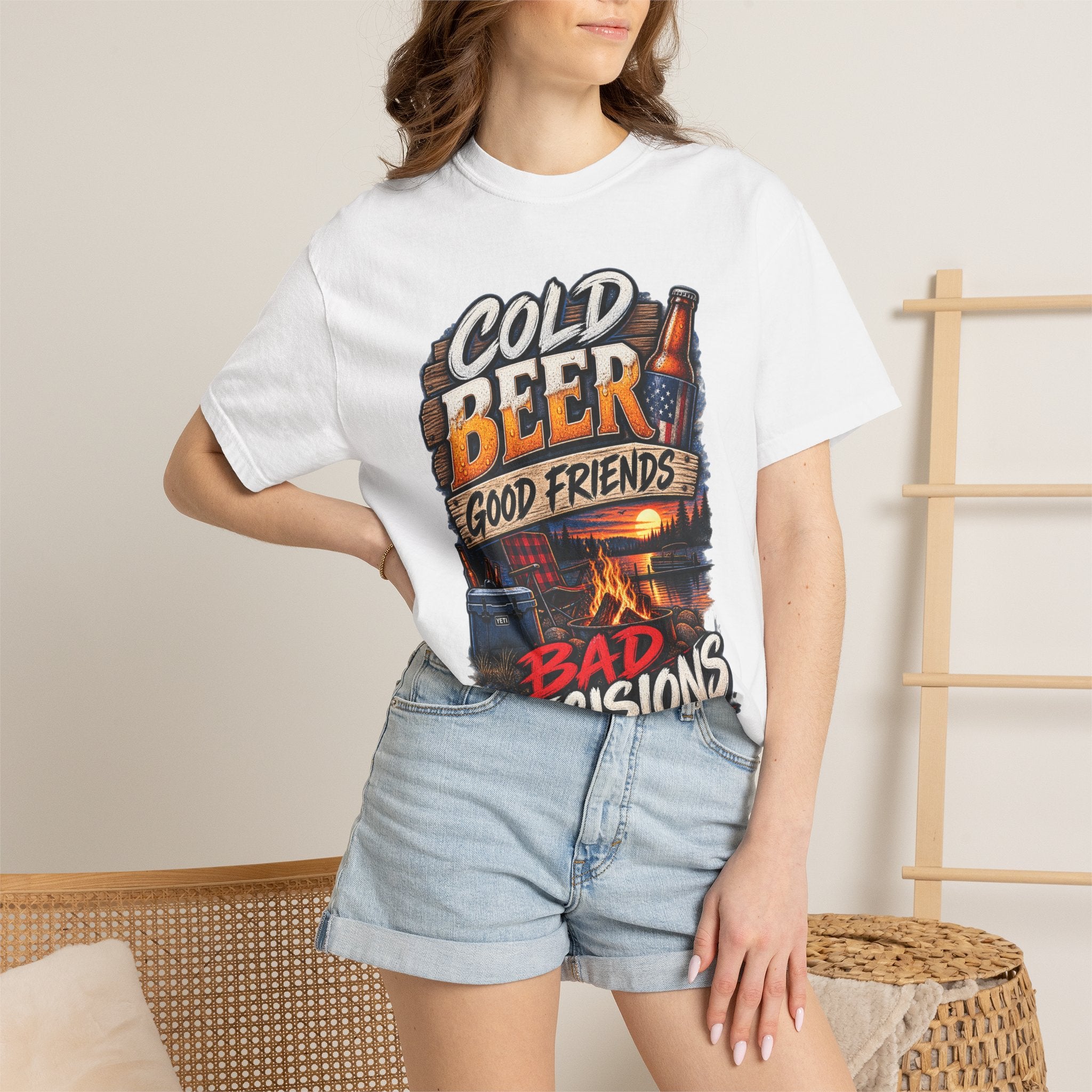 T-Shirt — "Cold Beer, Good Friends, Bad Decisions" Campfire Graphic Tee