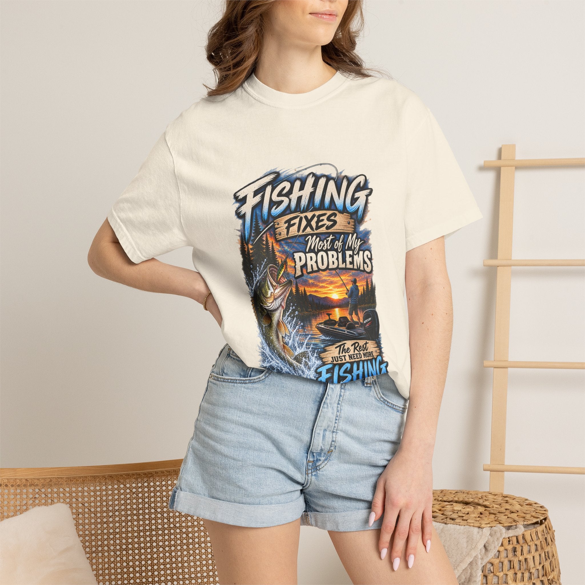 Fishing Fixes Most of My Problems T-Shirt — Bass Sunset Fishing Tee
