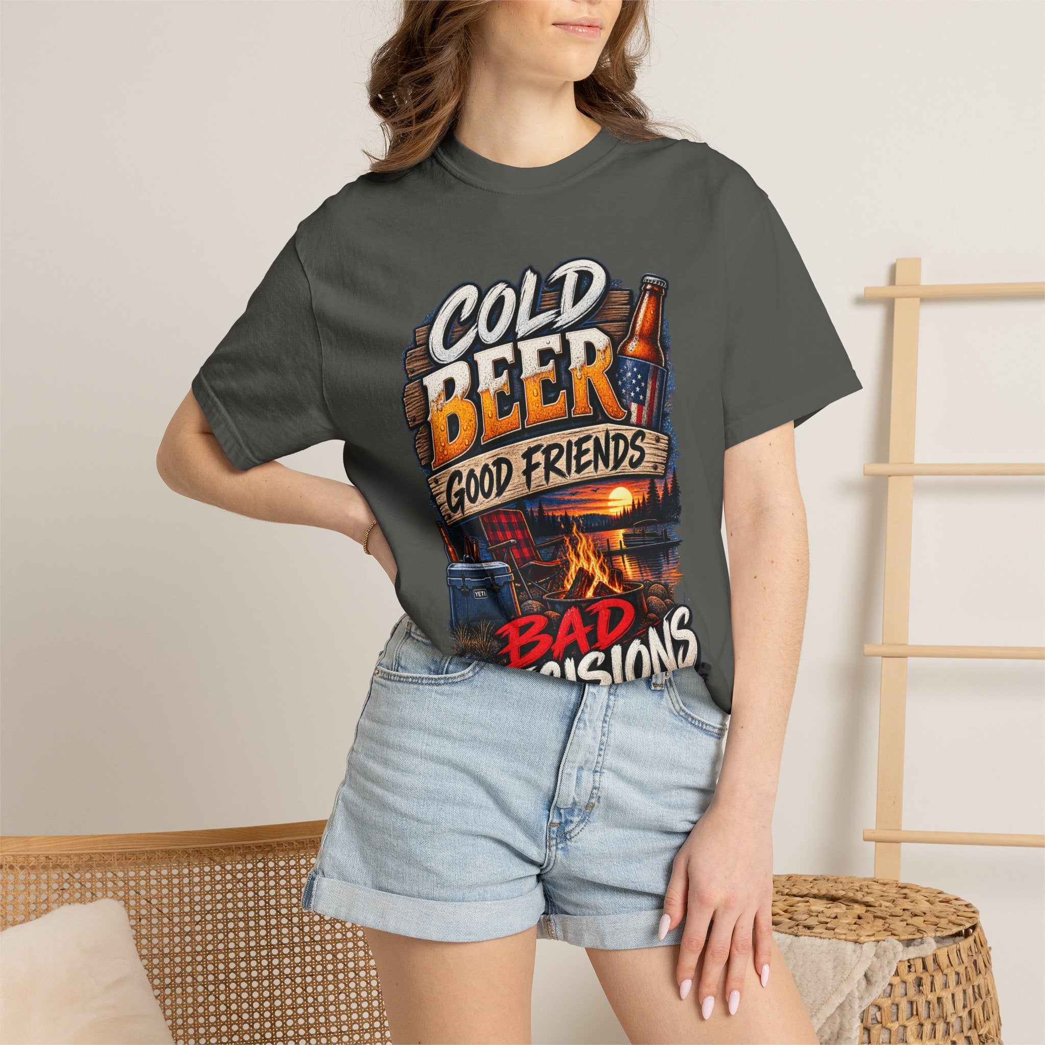 T-Shirt — "Cold Beer, Good Friends, Bad Decisions" Campfire Graphic Tee