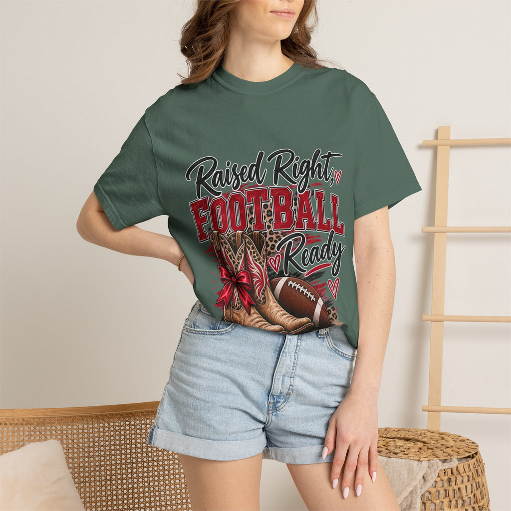 Raised Right Football Ready T‑Shirt — Cowboy Boots & Football Mom Tee