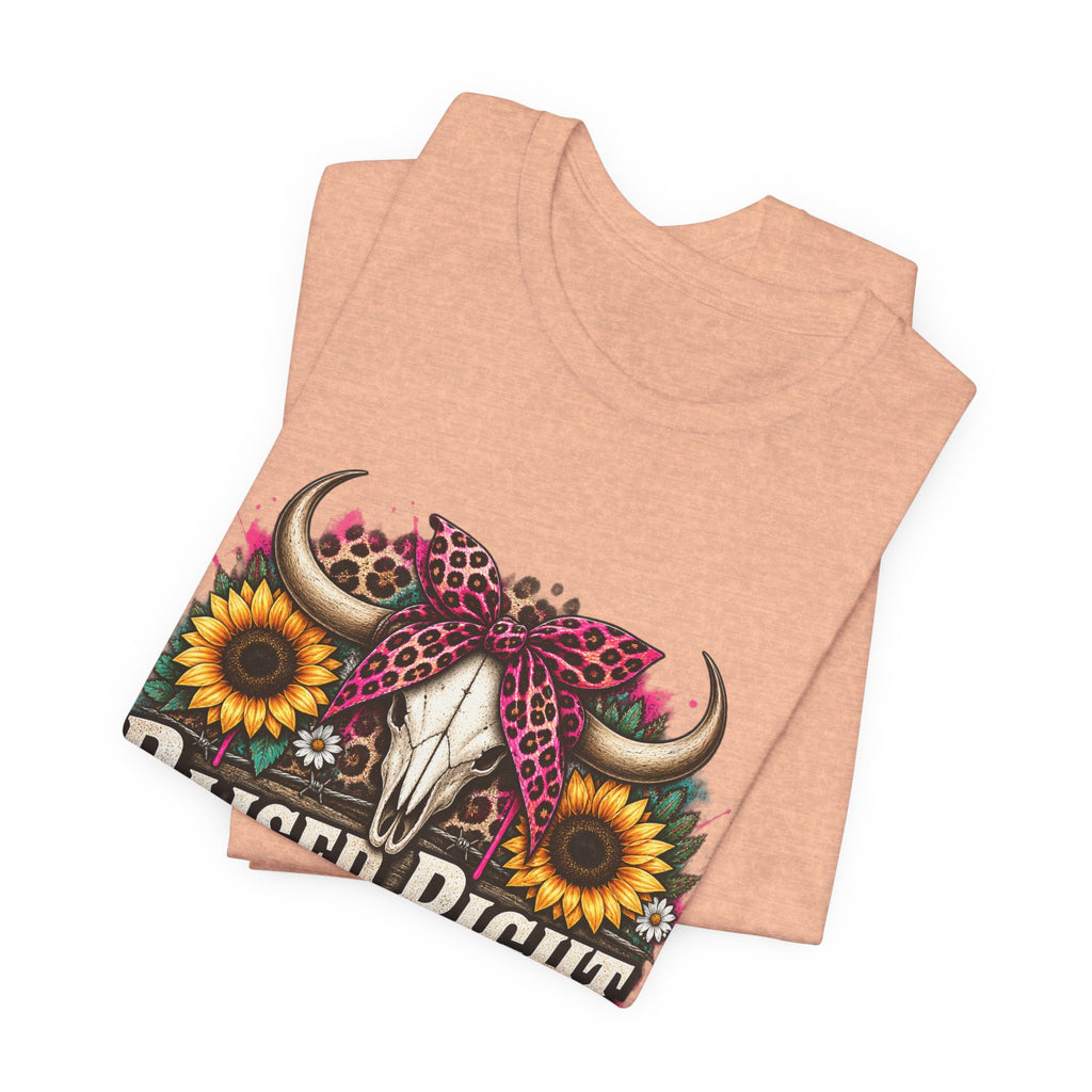 Raised Right Acting Wrong Tee — Cow Skull, Sunflower & Leopard Bandana Graphic Shirt