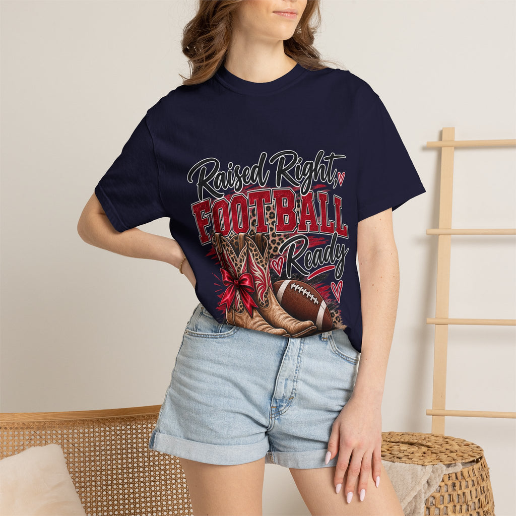 Raised Right Football Ready T‑Shirt — Cowboy Boots & Football Mom Tee