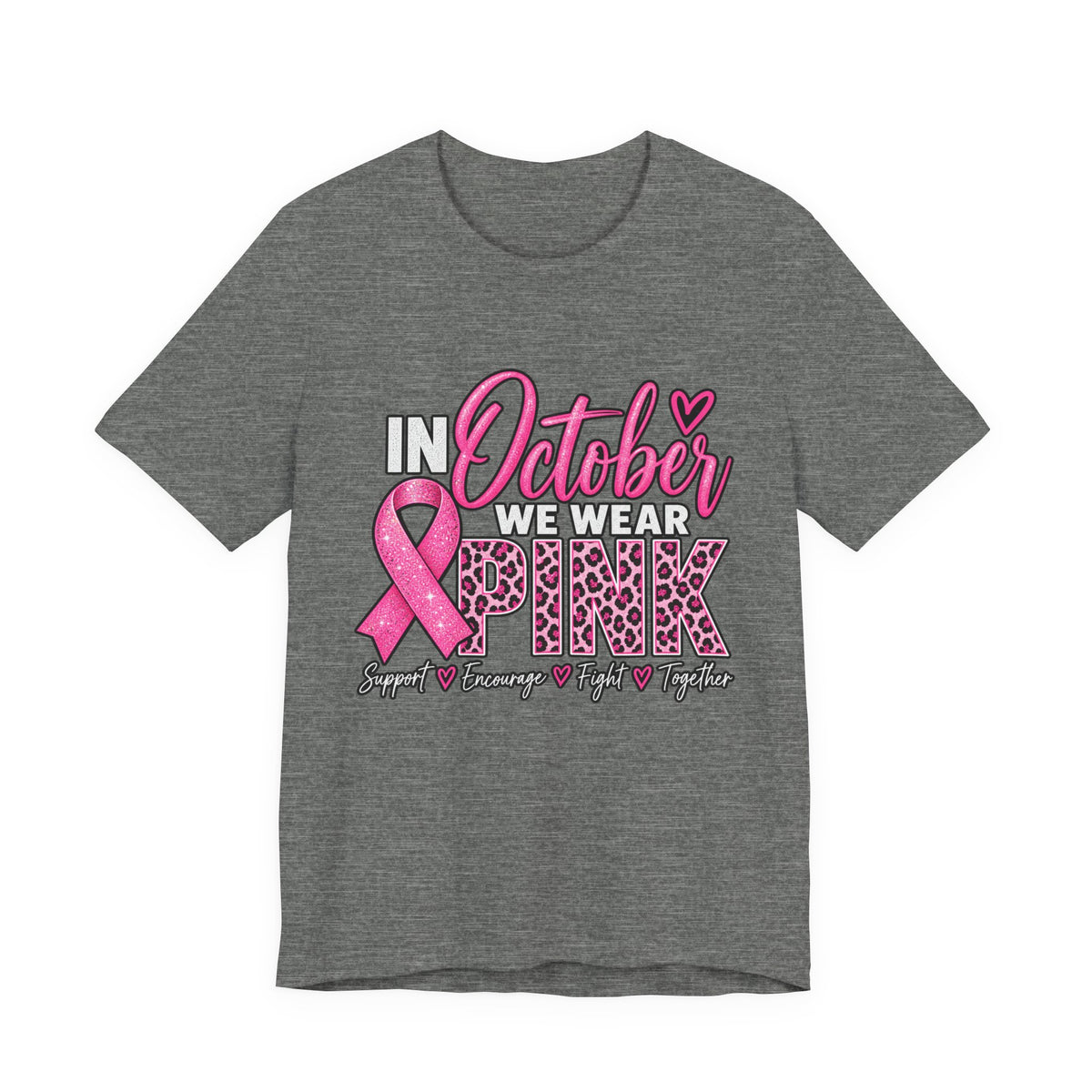 In October We Wear Pink Breast Cancer Awareness Shirt – Pink Ribbon Leopard Graphic Tee
