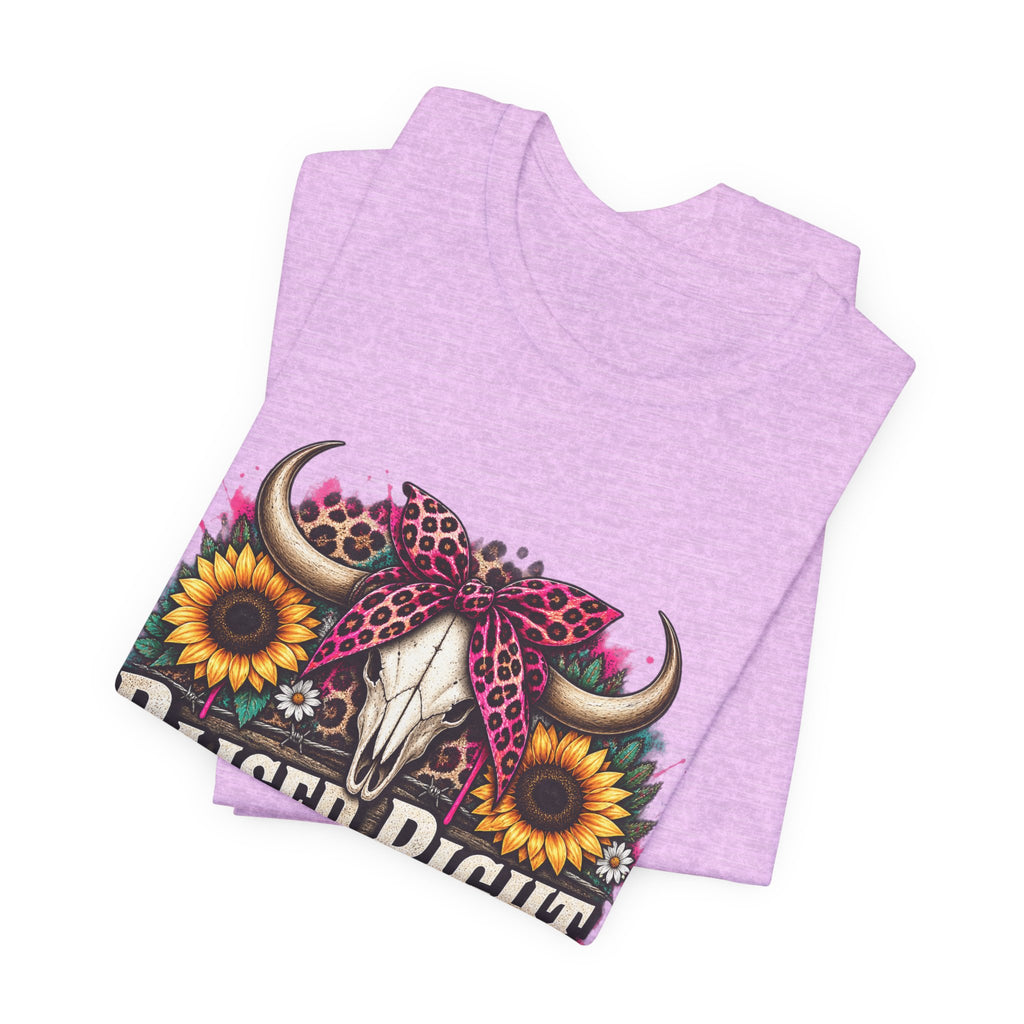 Raised Right Acting Wrong Tee — Cow Skull, Sunflower & Leopard Bandana Graphic Shirt