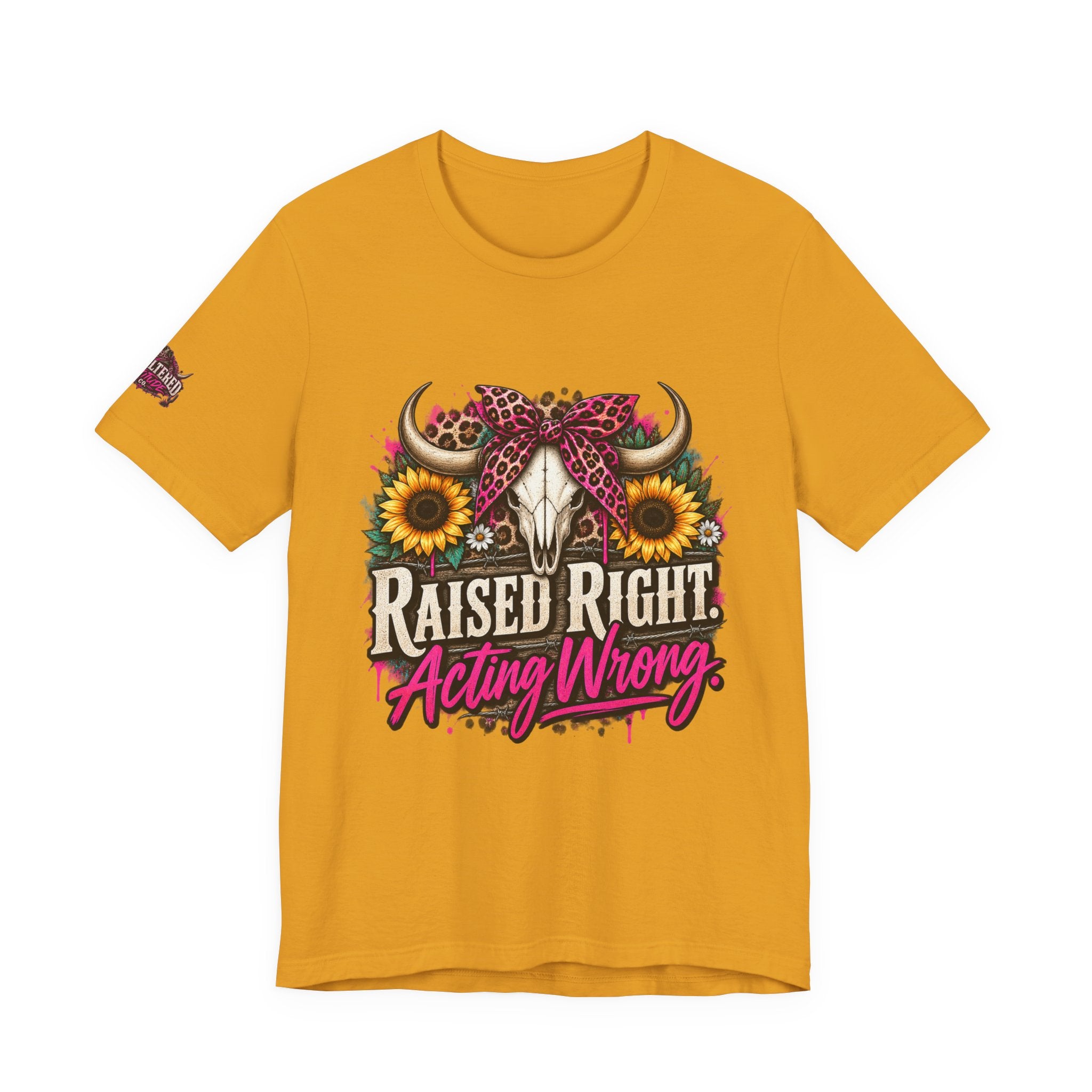 Raised Right Acting Wrong Tee — Cow Skull, Sunflower & Leopard Bandana Graphic Shirt