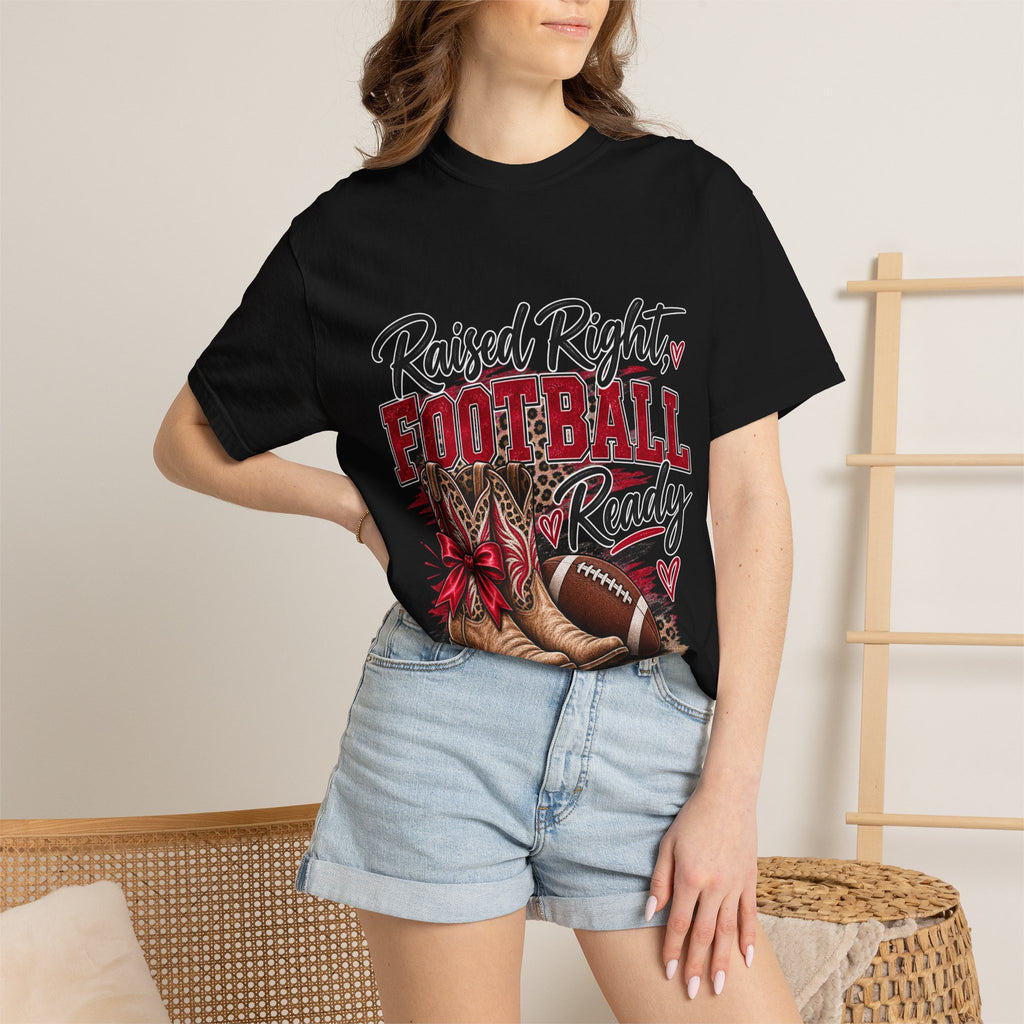 Raised Right Football Ready T‑Shirt — Cowboy Boots & Football Mom Tee