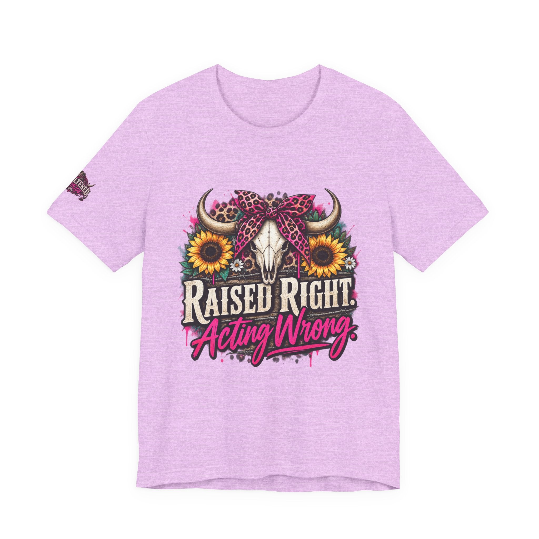Raised Right Acting Wrong Tee — Cow Skull, Sunflower & Leopard Bandana Graphic Shirt