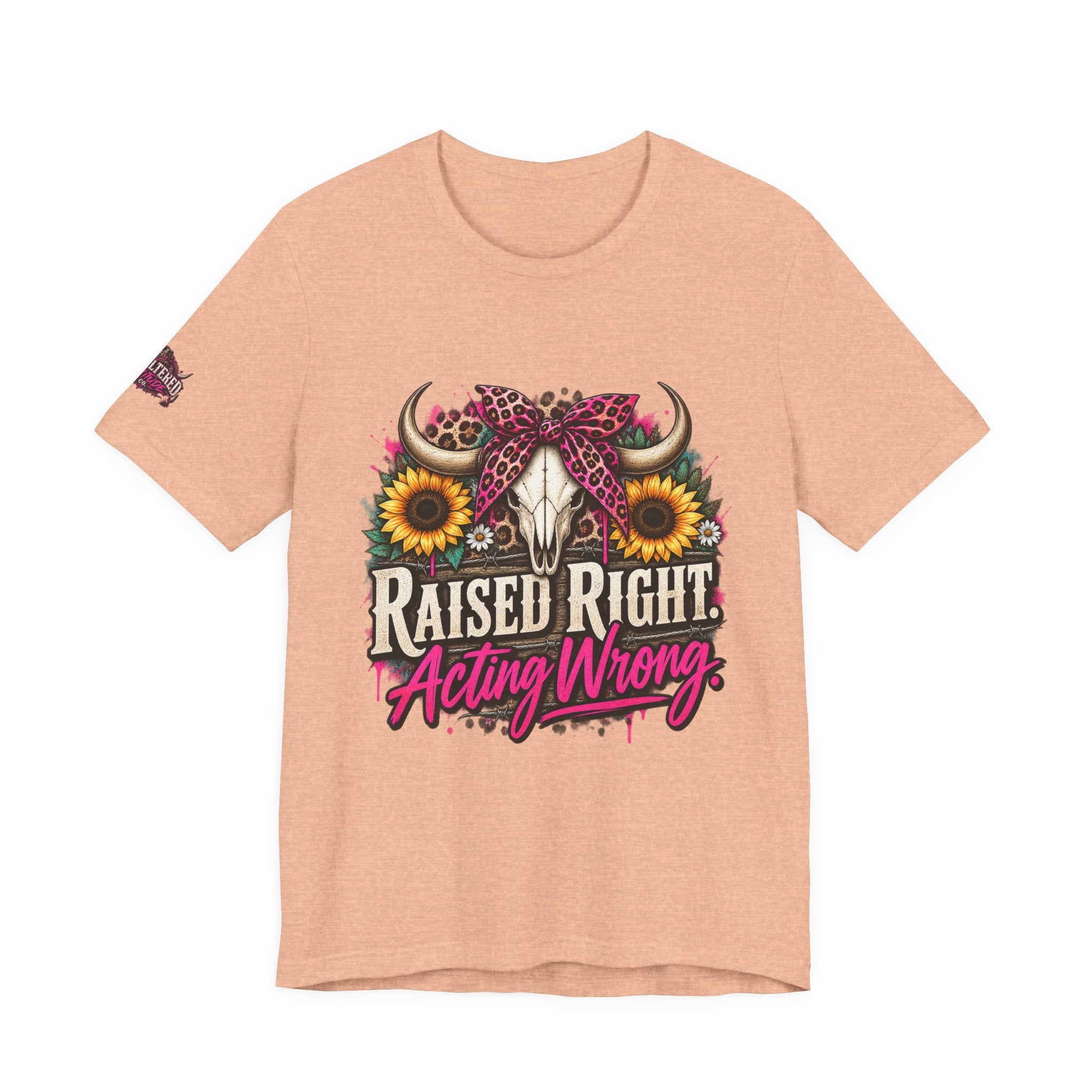 Raised Right Acting Wrong Tee — Cow Skull, Sunflower & Leopard Bandana Graphic Shirt