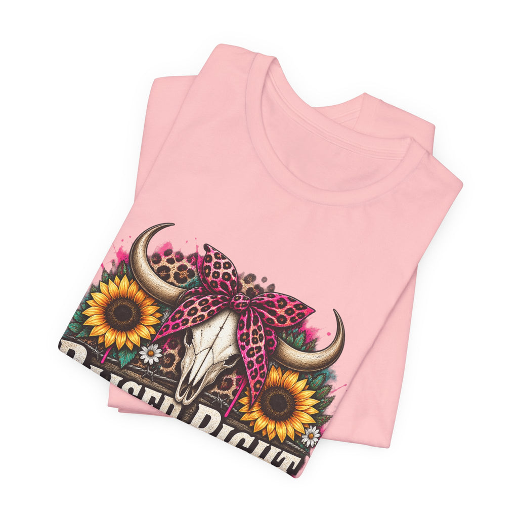 Raised Right Acting Wrong Tee — Cow Skull, Sunflower & Leopard Bandana Graphic Shirt