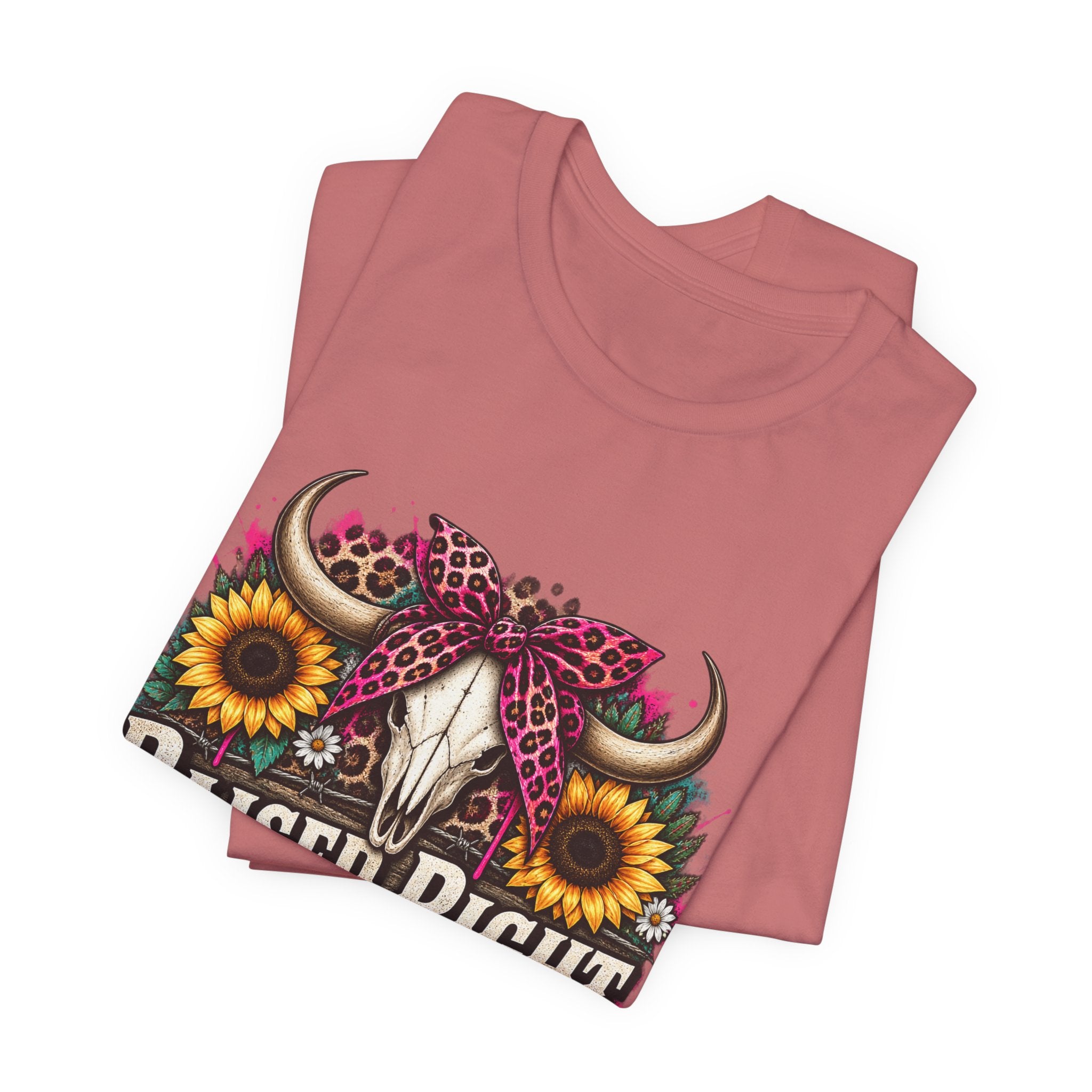 Raised Right Acting Wrong Tee — Cow Skull, Sunflower & Leopard Bandana Graphic Shirt