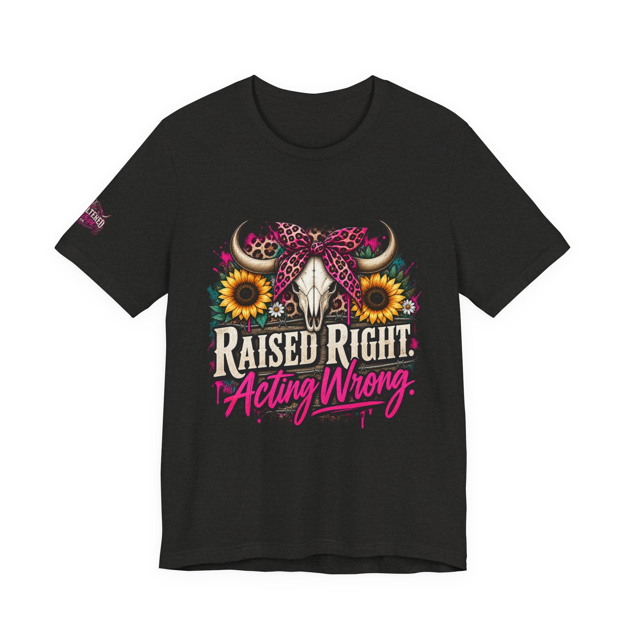 Raised Right Acting Wrong Tee — Cow Skull, Sunflower & Leopard Bandana Graphic Shirt