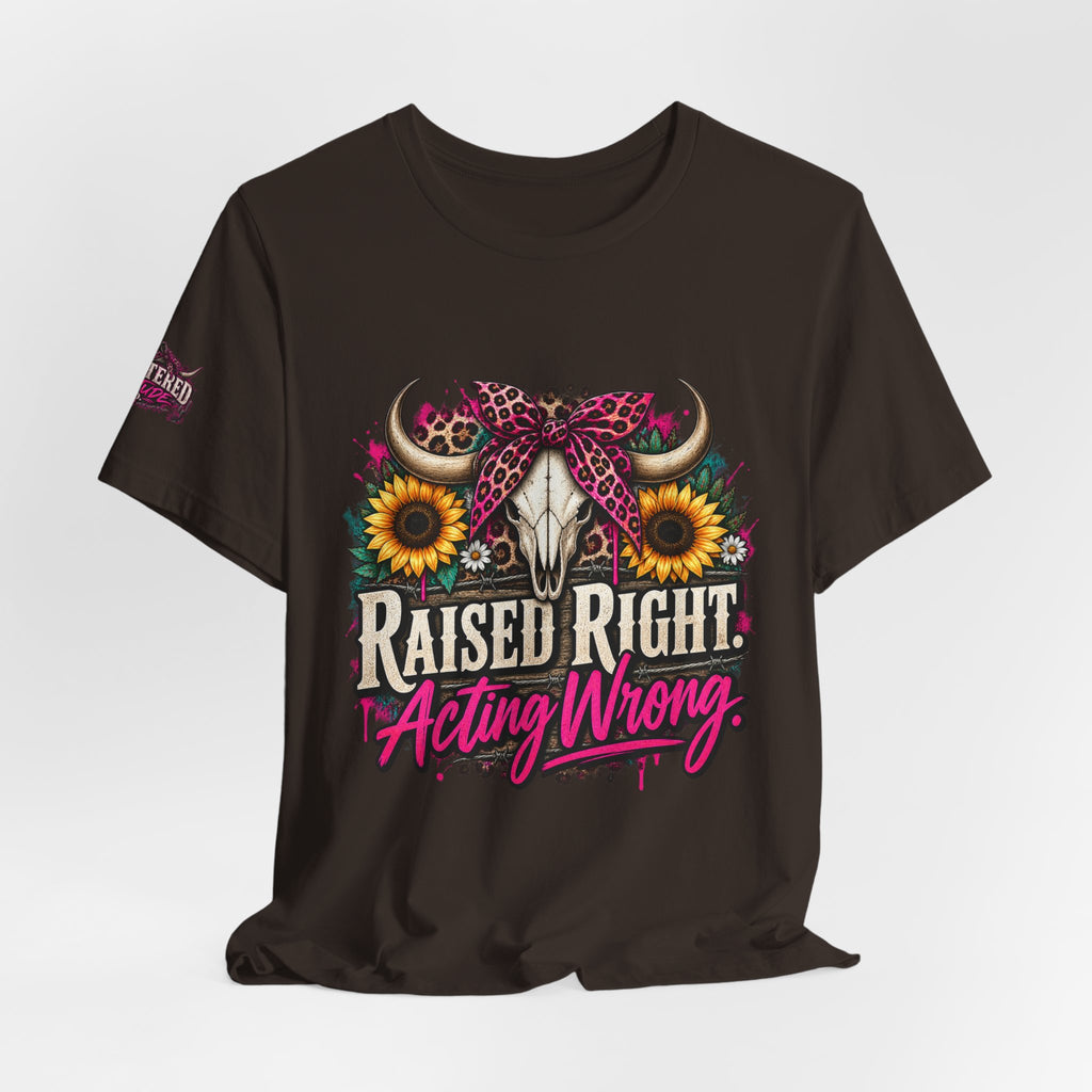 Raised Right Acting Wrong Tee — Cow Skull, Sunflower & Leopard Bandana Graphic Shirt