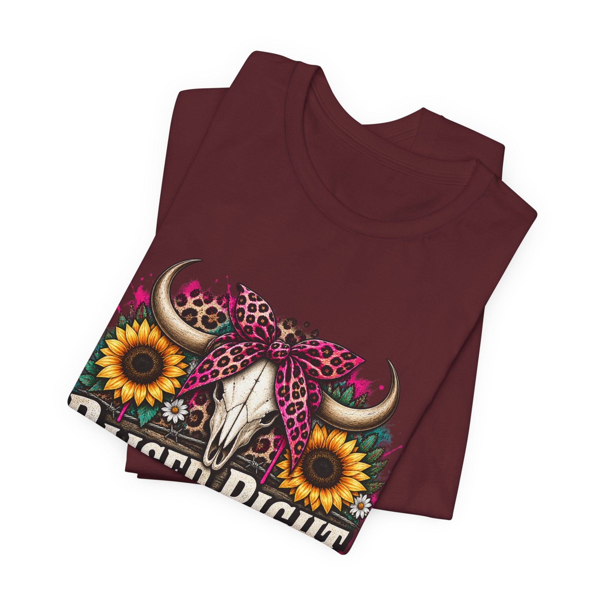 Raised Right Acting Wrong Tee — Cow Skull, Sunflower & Leopard Bandana Graphic Shirt