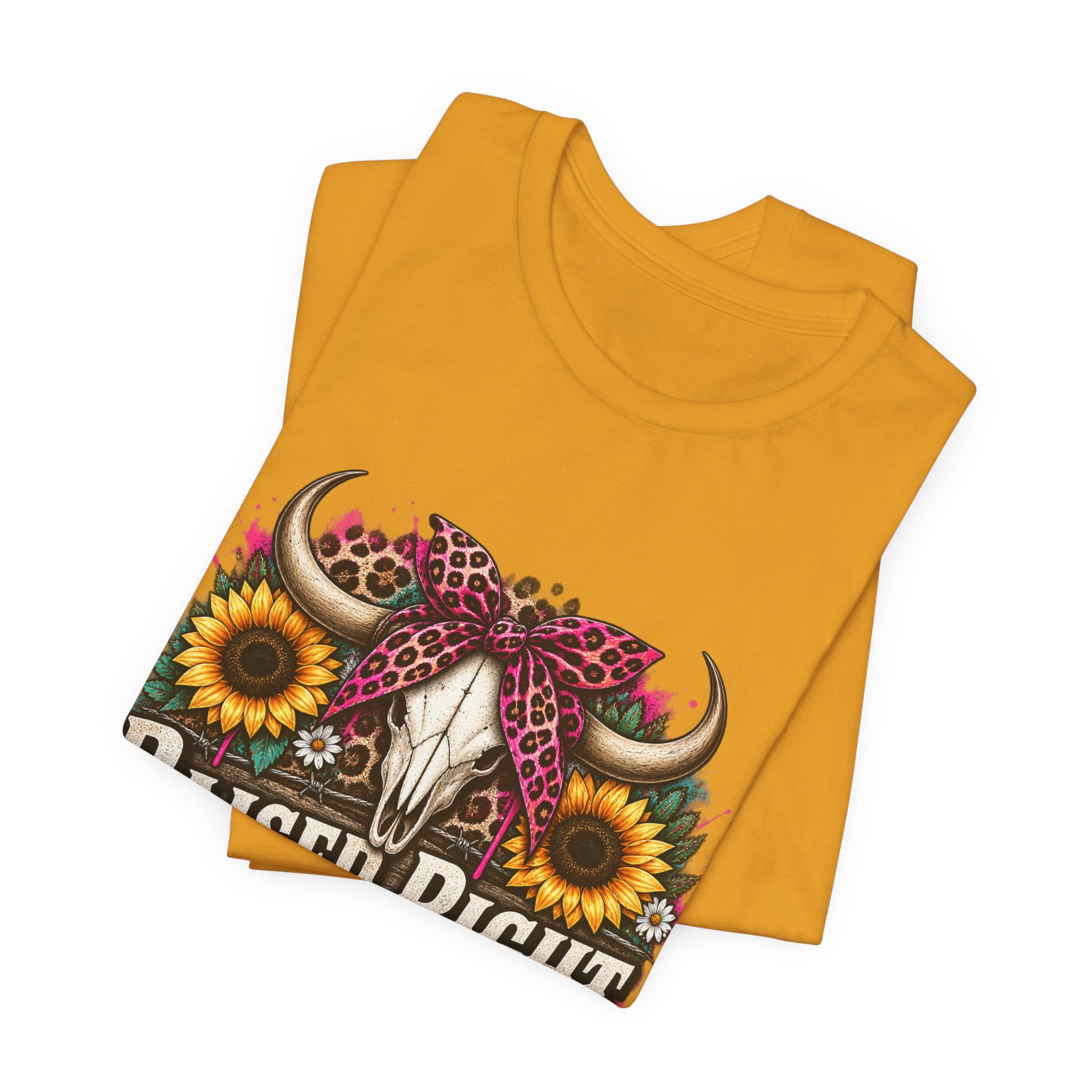 Raised Right Acting Wrong Tee — Cow Skull, Sunflower & Leopard Bandana Graphic Shirt