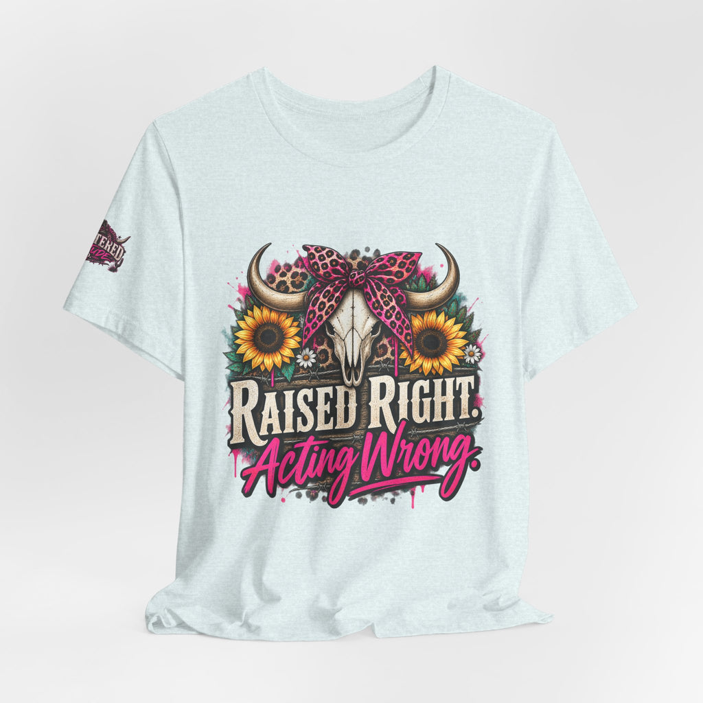 Raised Right Acting Wrong Tee — Cow Skull, Sunflower & Leopard Bandana Graphic Shirt