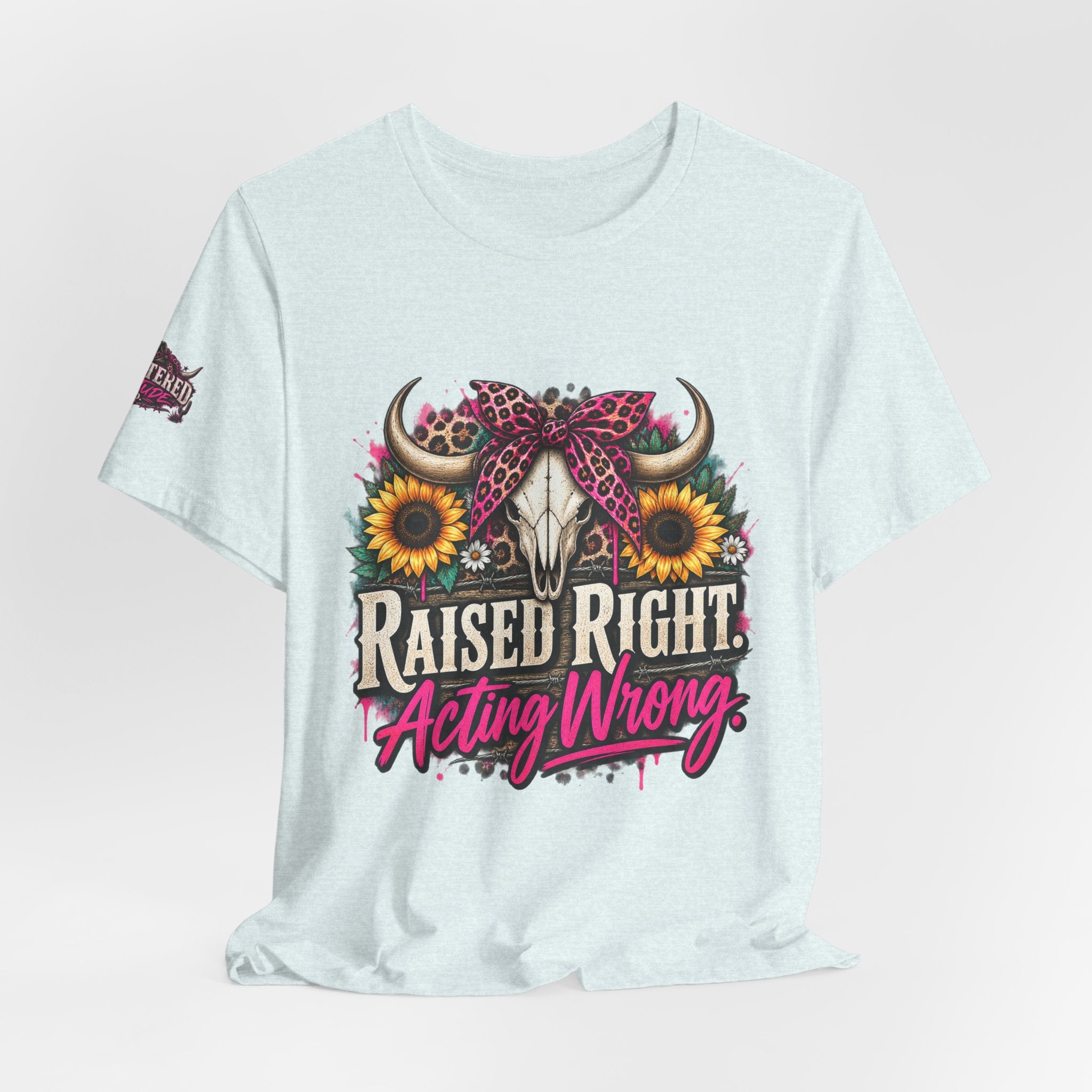 Raised Right Acting Wrong Tee — Cow Skull, Sunflower & Leopard Bandana Graphic Shirt