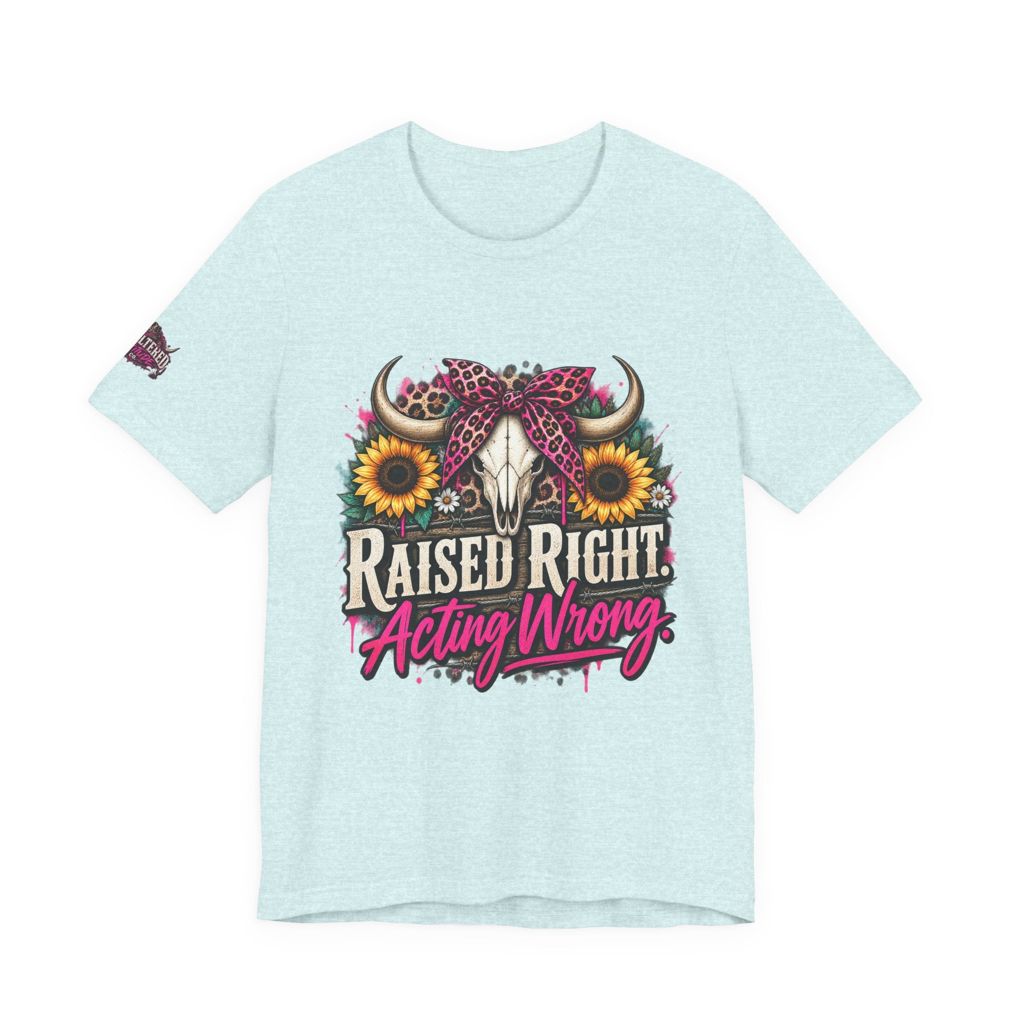 Raised Right Acting Wrong Tee — Cow Skull, Sunflower & Leopard Bandana Graphic Shirt