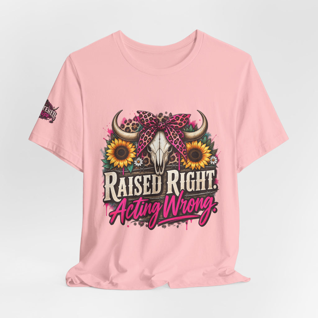 Raised Right Acting Wrong Tee — Cow Skull, Sunflower & Leopard Bandana Graphic Shirt