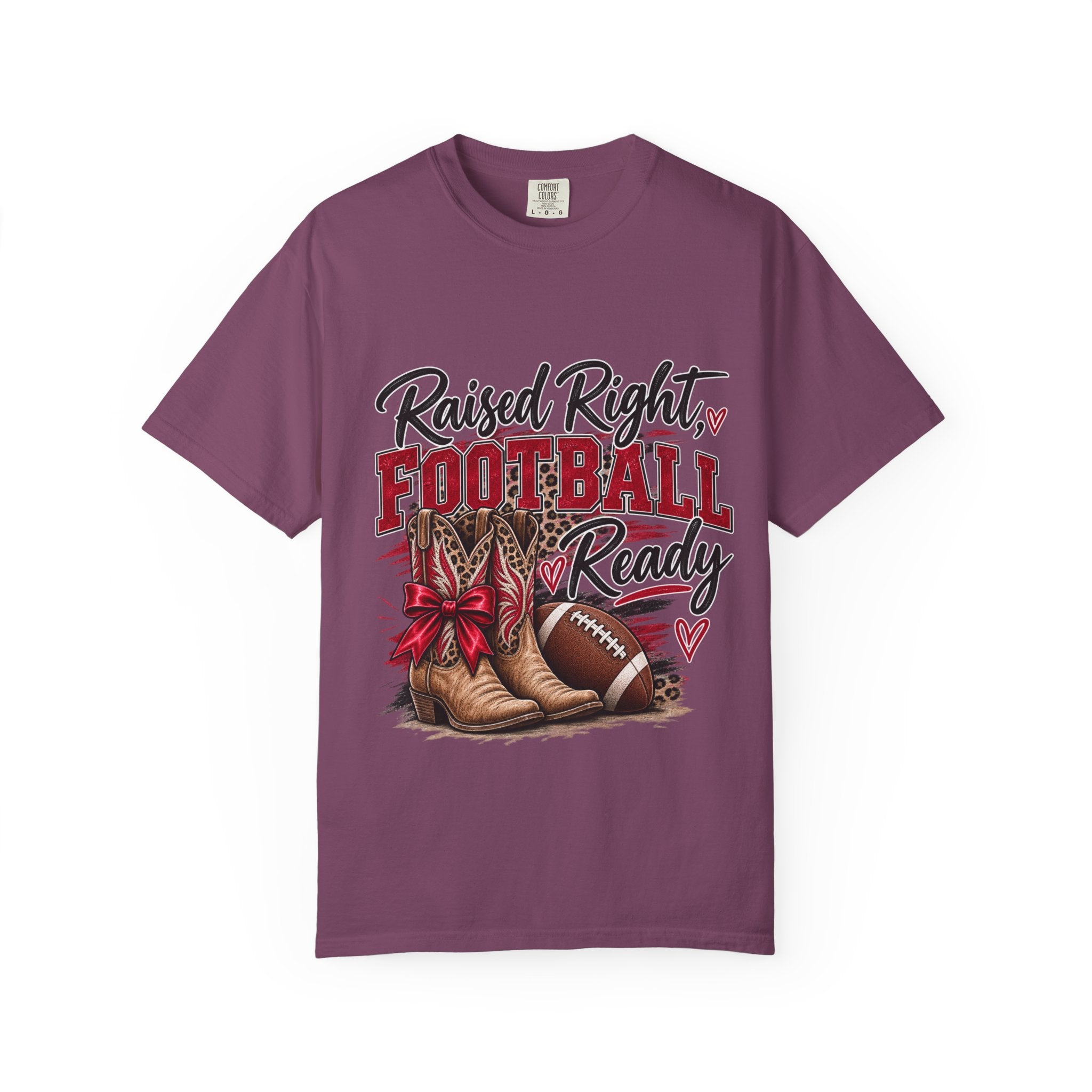 Raised Right Football Ready T‑Shirt — Cowboy Boots & Football Mom Tee