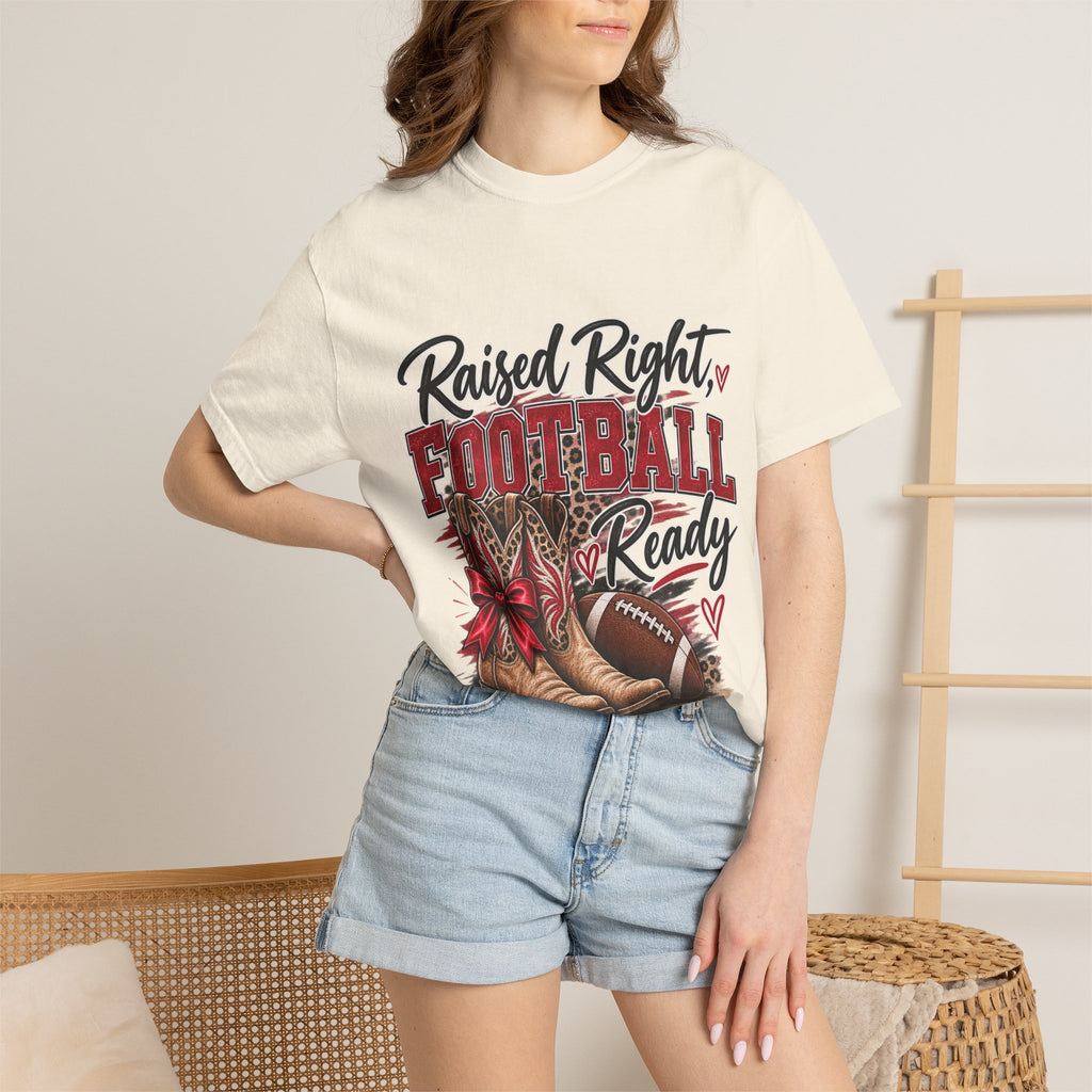 Raised Right Football Ready T‑Shirt — Cowboy Boots & Football Mom Tee