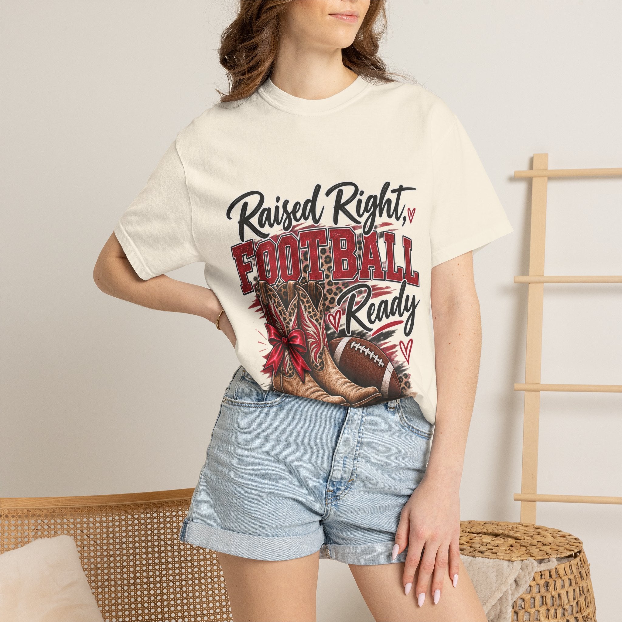 Raised Right Football Ready T‑Shirt — Cowboy Boots & Football Mom Tee