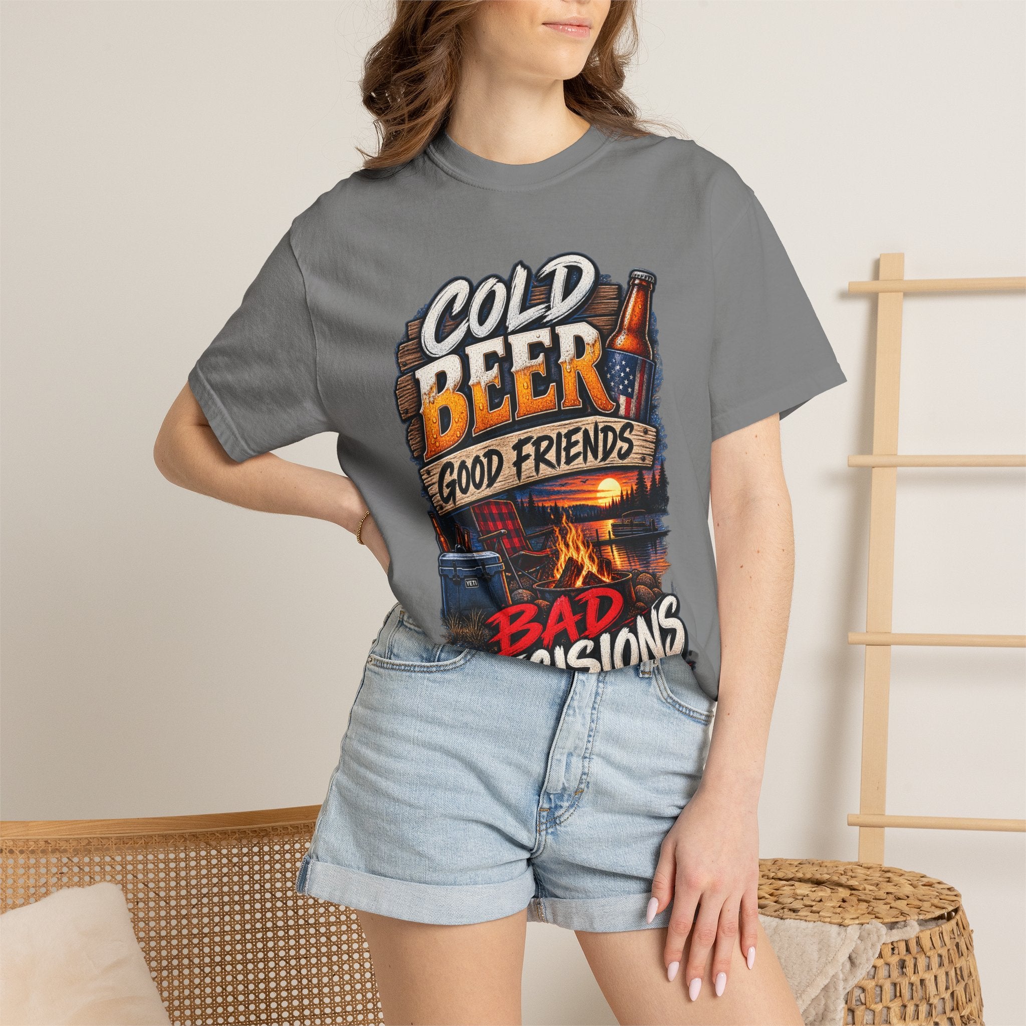 T-Shirt — "Cold Beer, Good Friends, Bad Decisions" Campfire Graphic Tee