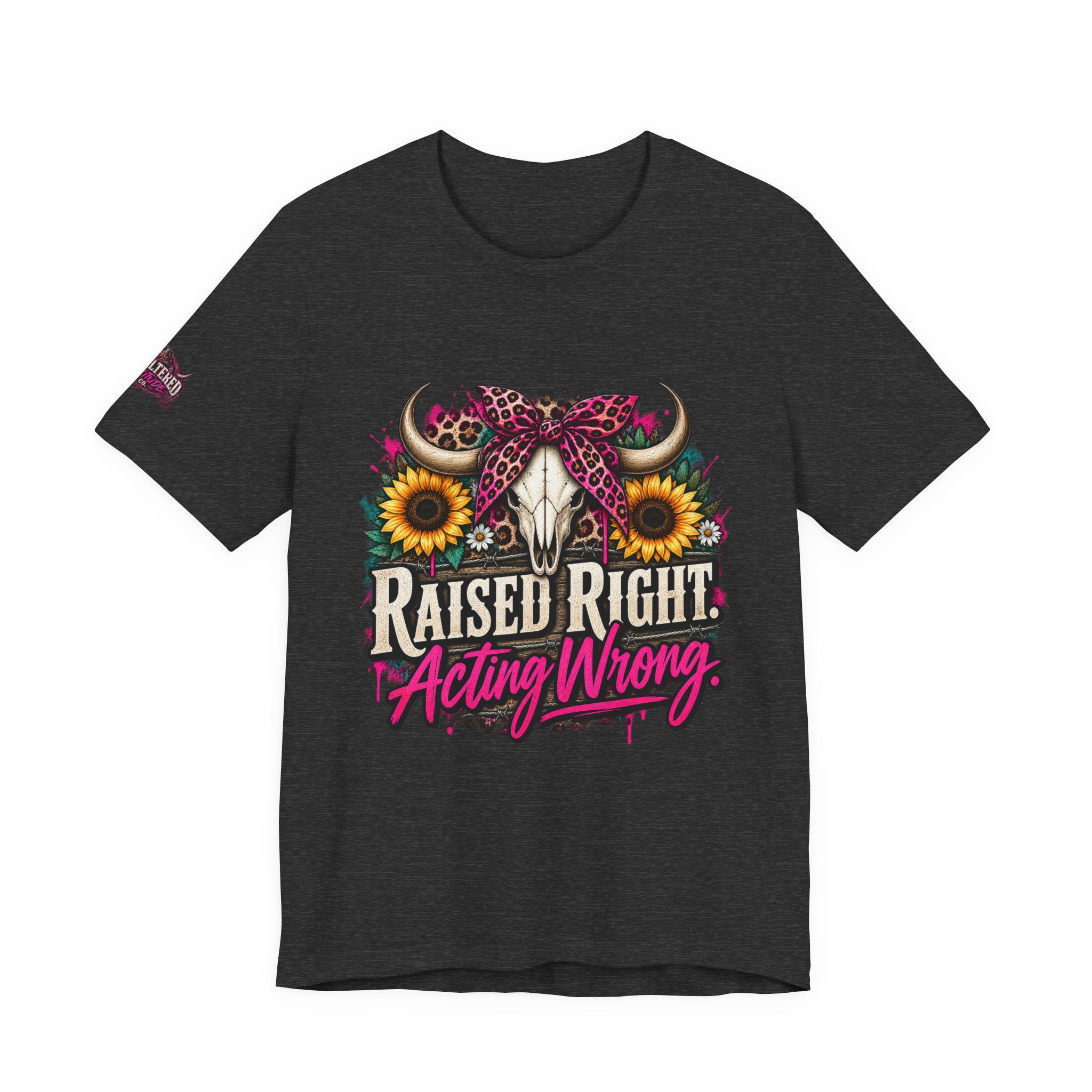 Raised Right Acting Wrong Tee — Cow Skull, Sunflower & Leopard Bandana Graphic Shirt